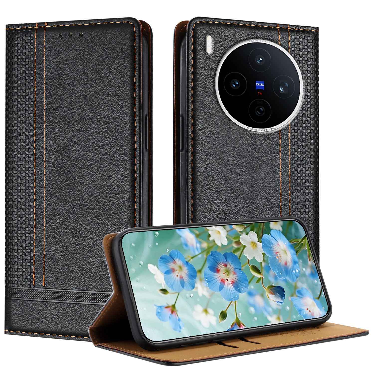 For vivo X300 Pro 5G Case L-Shaped Grid Pattern Leather Stand Phone Cover with Card Slots - Black