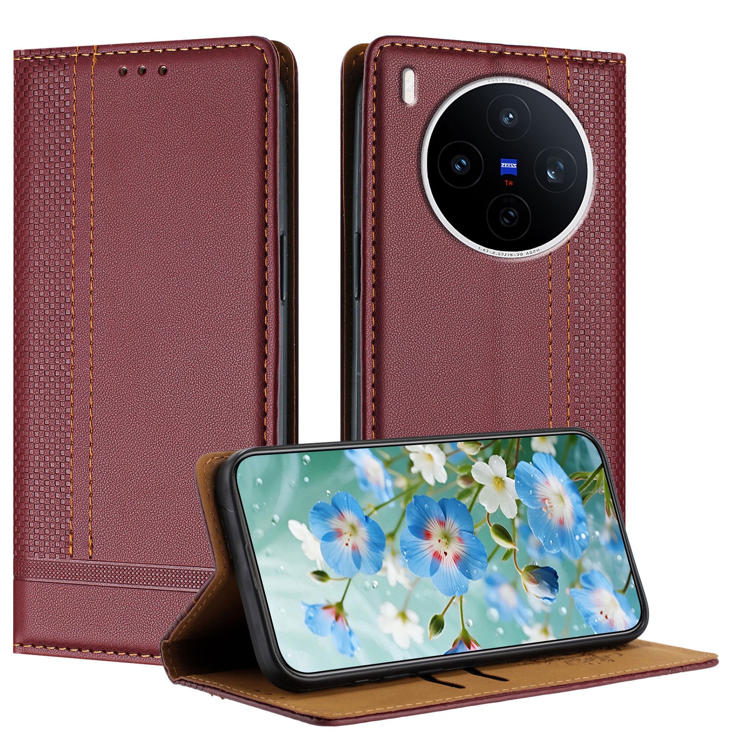 For vivo X300 Pro 5G Case L-Shaped Grid Pattern Leather Stand Phone Cover with Card Slots - Wine Red