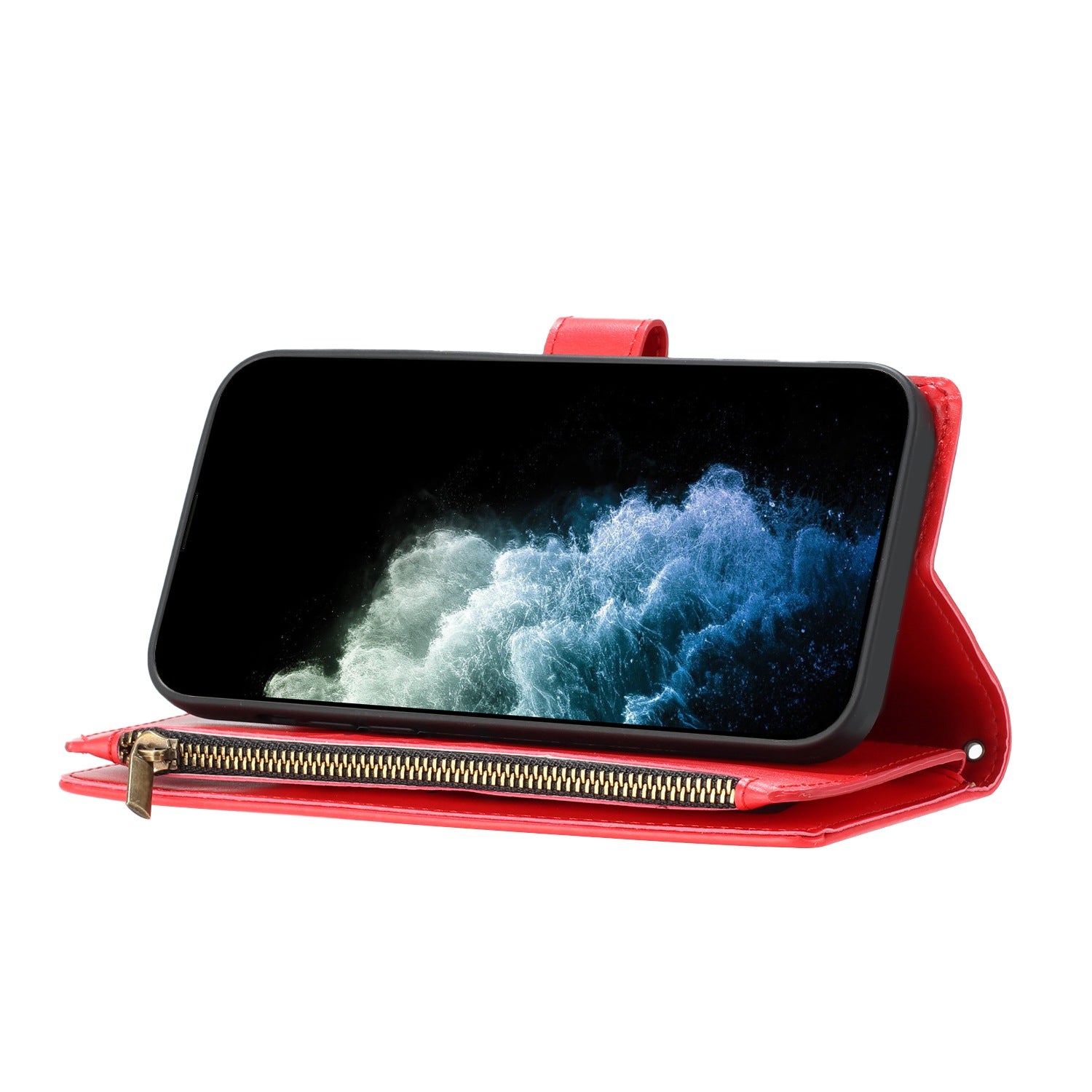 For vivo X300 Pro 5G Leather Case Zipper Wallet Stand Shockproof Phone Cover with Wrist Strap - Red