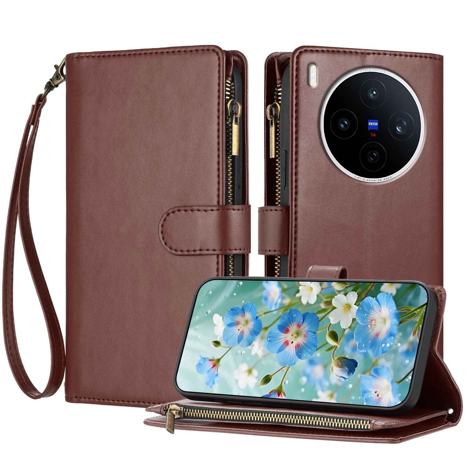 For vivo X300 Pro 5G Leather Case Zipper Wallet Stand Shockproof Phone Cover with Wrist Strap - Brown