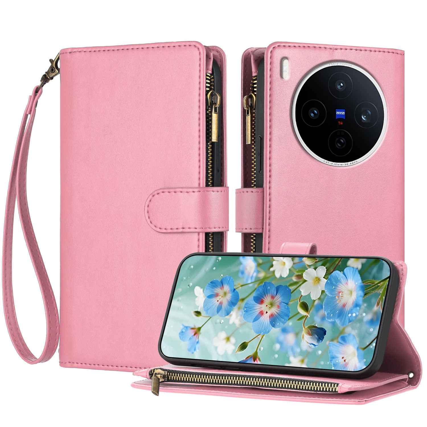 For vivo X300 Pro 5G Leather Case Zipper Wallet Stand Shockproof Phone Cover with Wrist Strap - Pink
