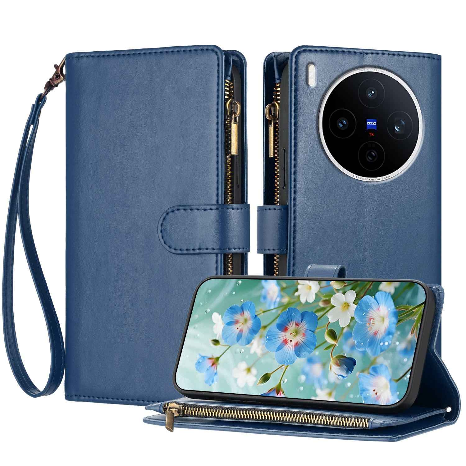 For vivo X300 Pro 5G Leather Case Zipper Wallet Stand Shockproof Phone Cover with Wrist Strap - Blue