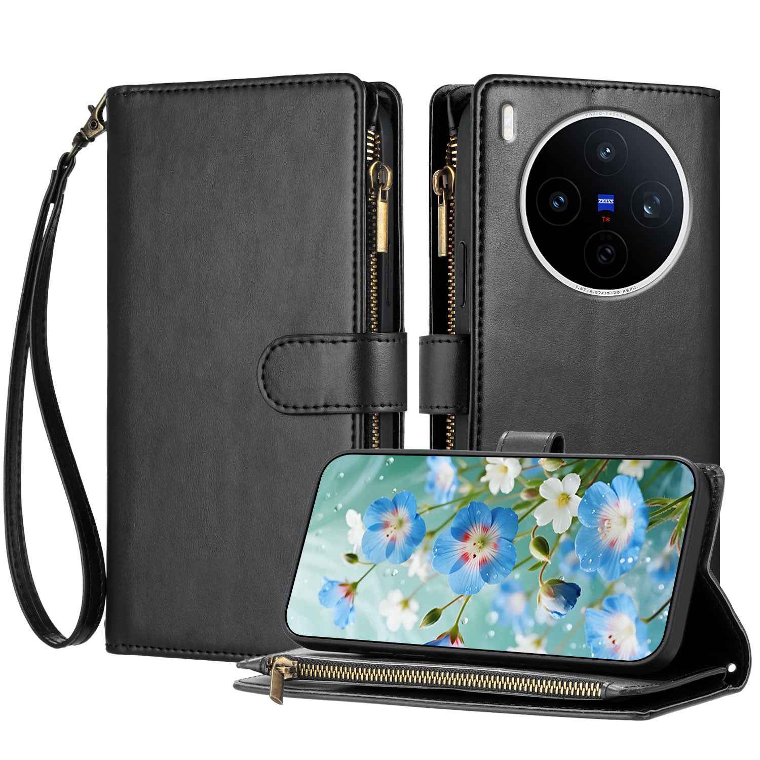 For vivo X300 5G Leather Case Zipper Wallet Stand Shockproof Phone Cover with Wrist Strap - Black