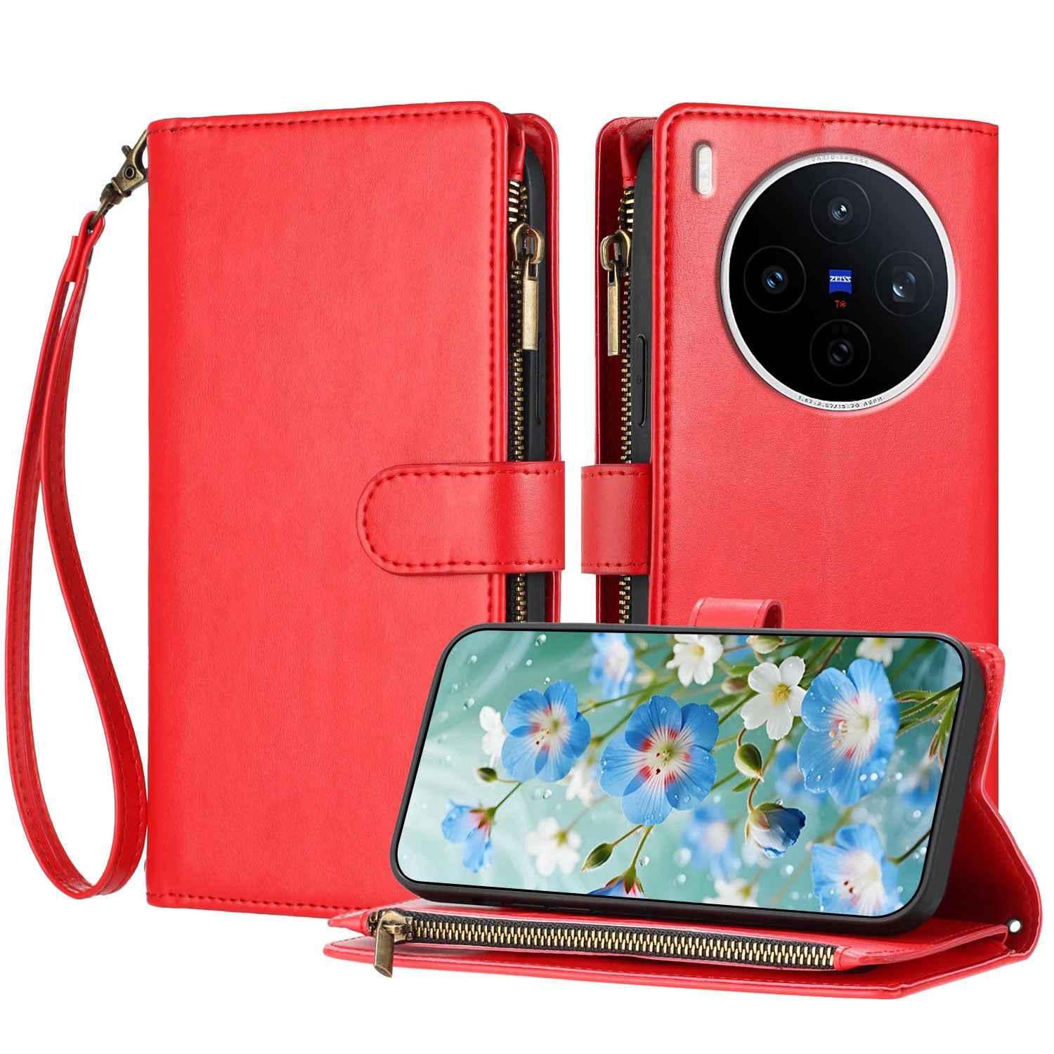 For vivo X300 5G Leather Case Zipper Wallet Stand Shockproof Phone Cover with Wrist Strap - Red