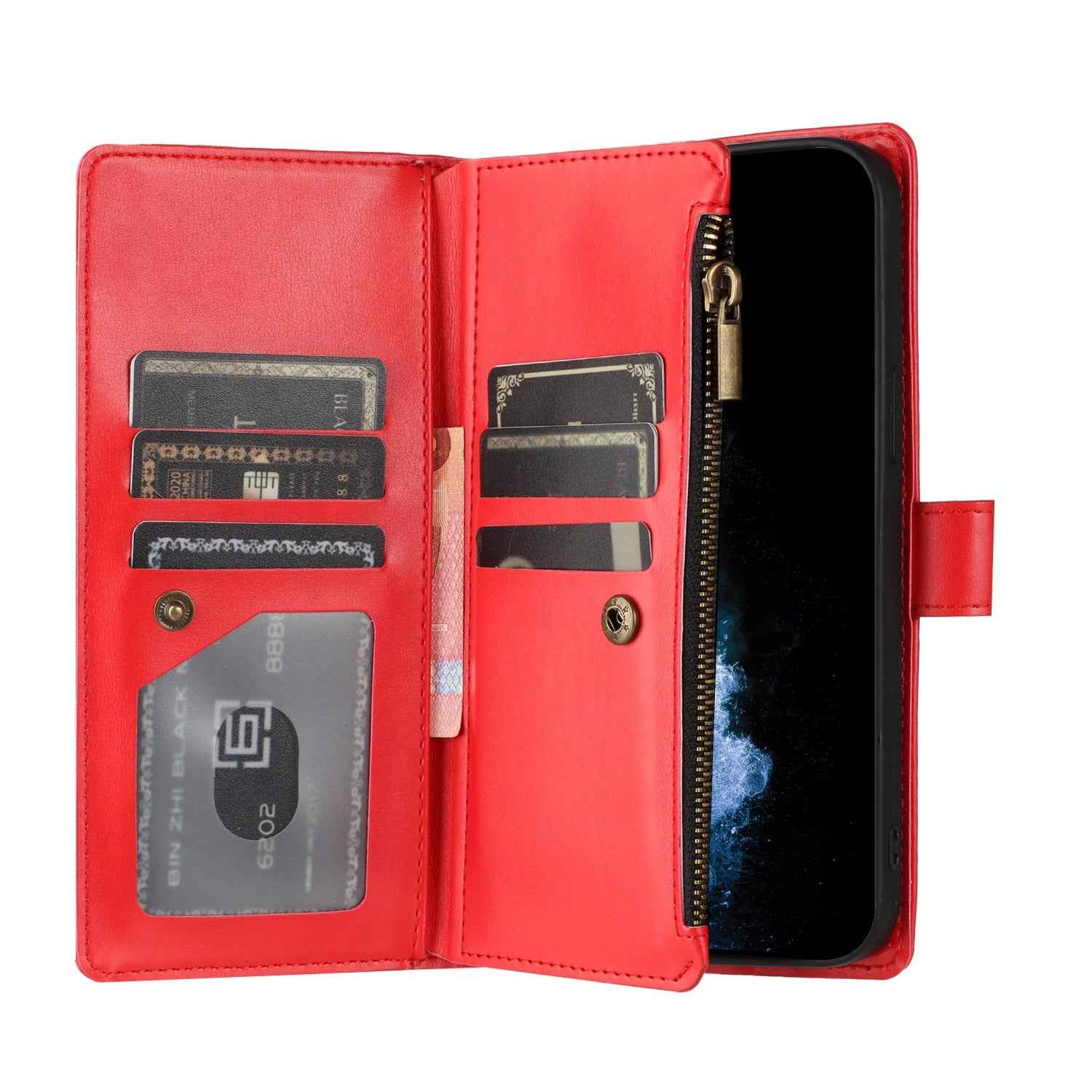 For vivo X300 5G Leather Case Zipper Wallet Stand Shockproof Phone Cover with Wrist Strap - Red