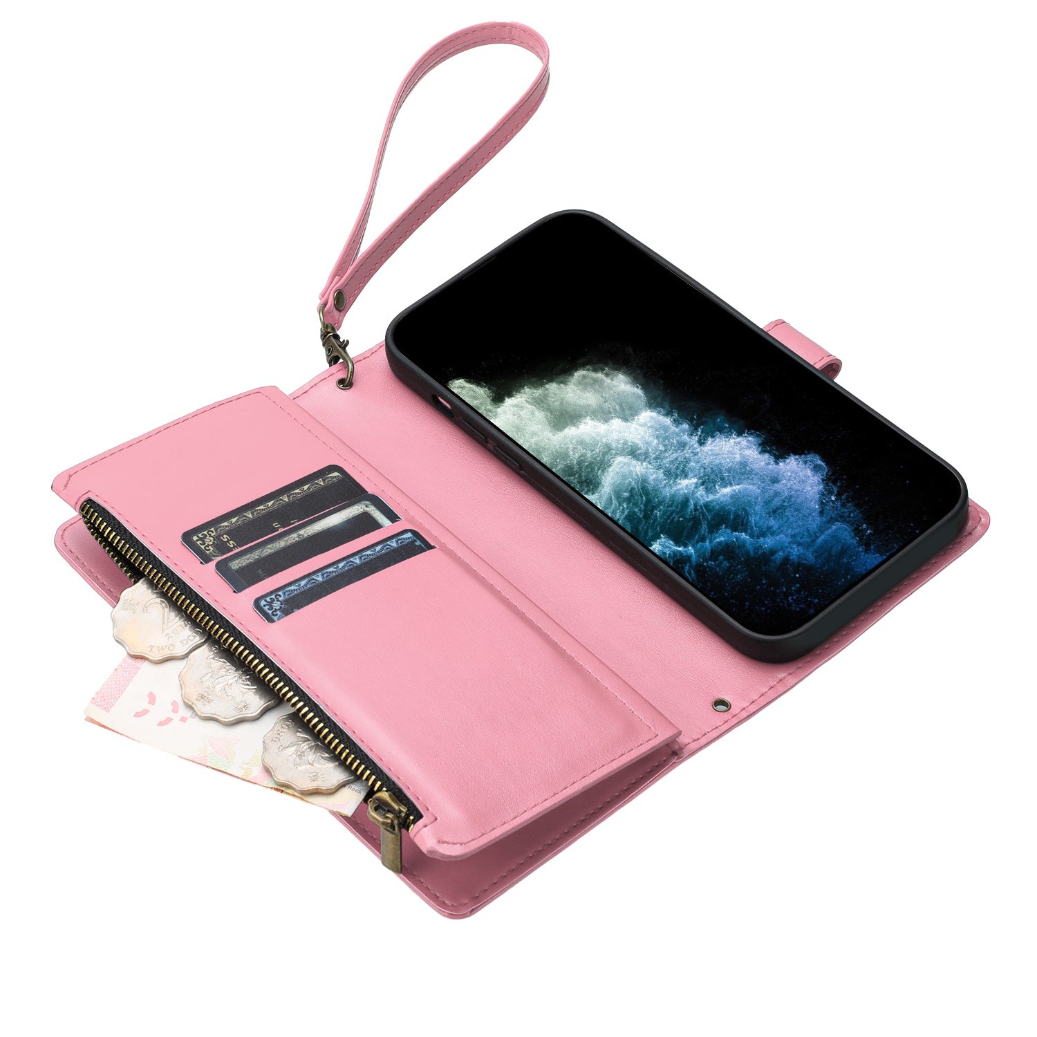 For vivo X300 5G Leather Case Zipper Wallet Stand Shockproof Phone Cover with Wrist Strap - Pink