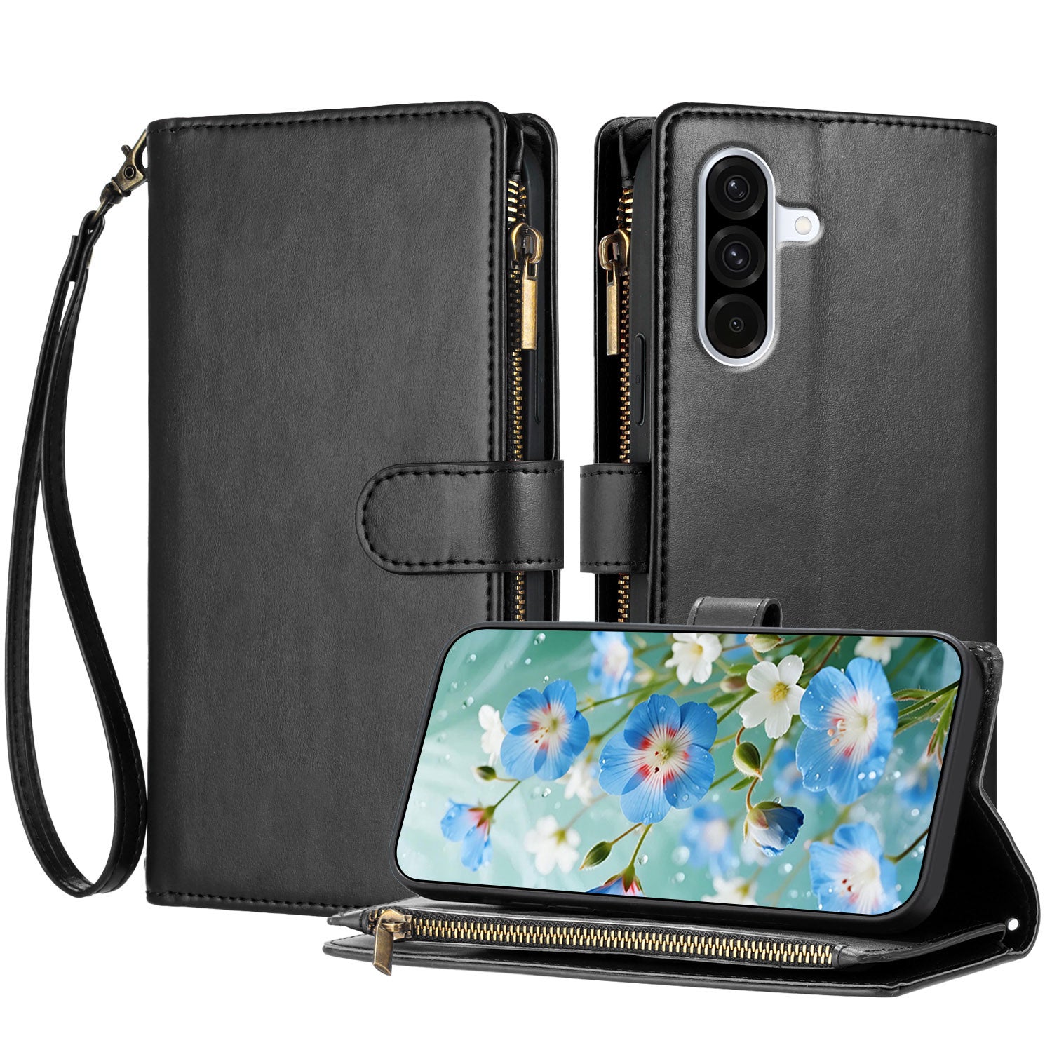 For Samsung Galaxy A57 5G Leather Case Zipper Wallet Stand Shockproof Phone Cover with Wrist Strap - Black