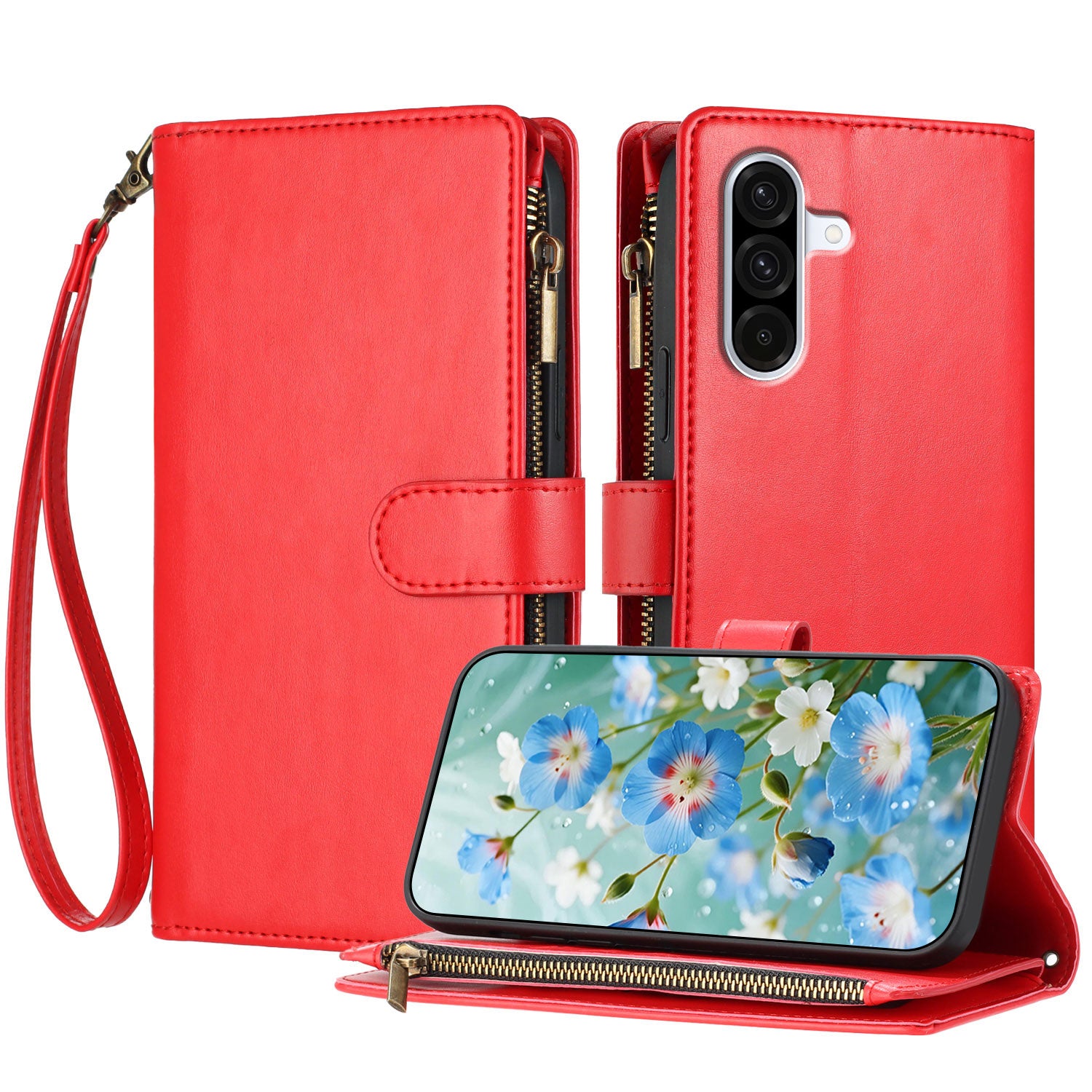 For Samsung Galaxy A57 5G Leather Case Zipper Wallet Stand Shockproof Phone Cover with Wrist Strap - Red