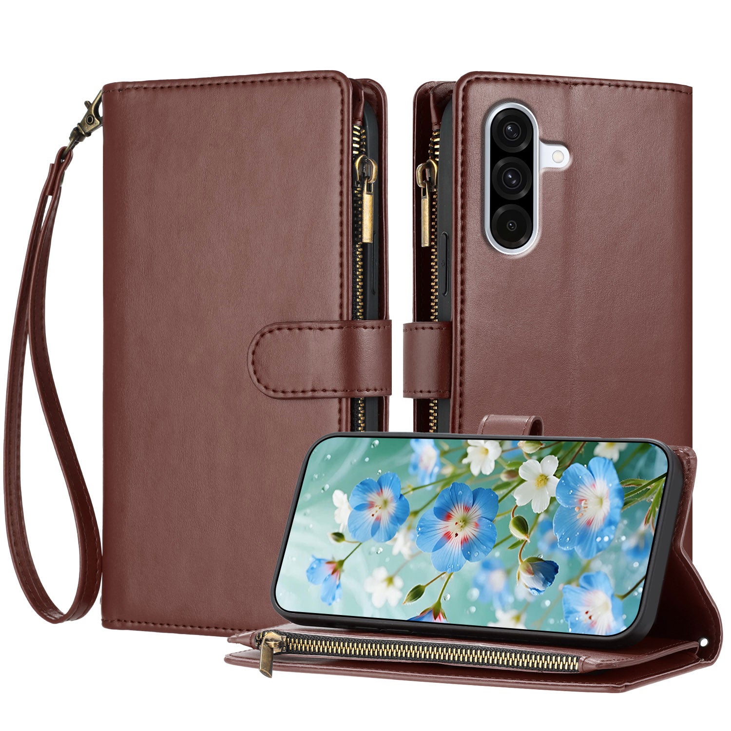 For Samsung Galaxy A57 5G Leather Case Zipper Wallet Stand Shockproof Phone Cover with Wrist Strap - Brown