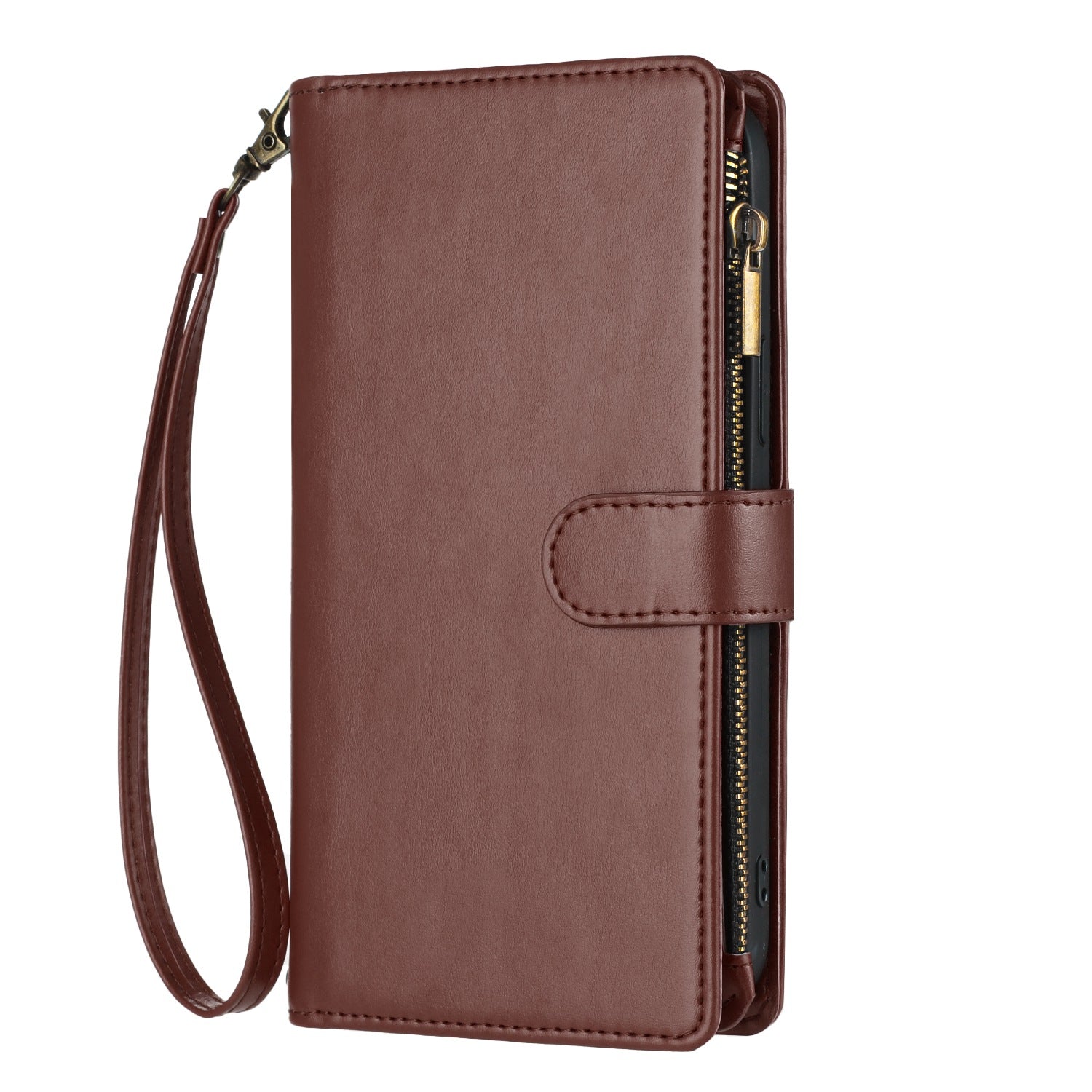 For Samsung Galaxy A57 5G Leather Case Zipper Wallet Stand Shockproof Phone Cover with Wrist Strap - Brown