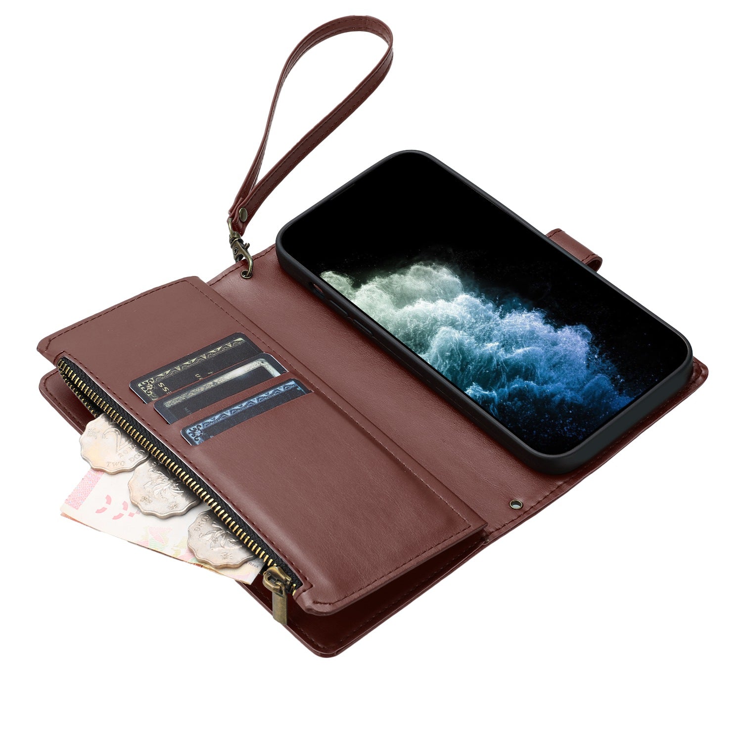 For Samsung Galaxy A57 5G Leather Case Zipper Wallet Stand Shockproof Phone Cover with Wrist Strap - Brown