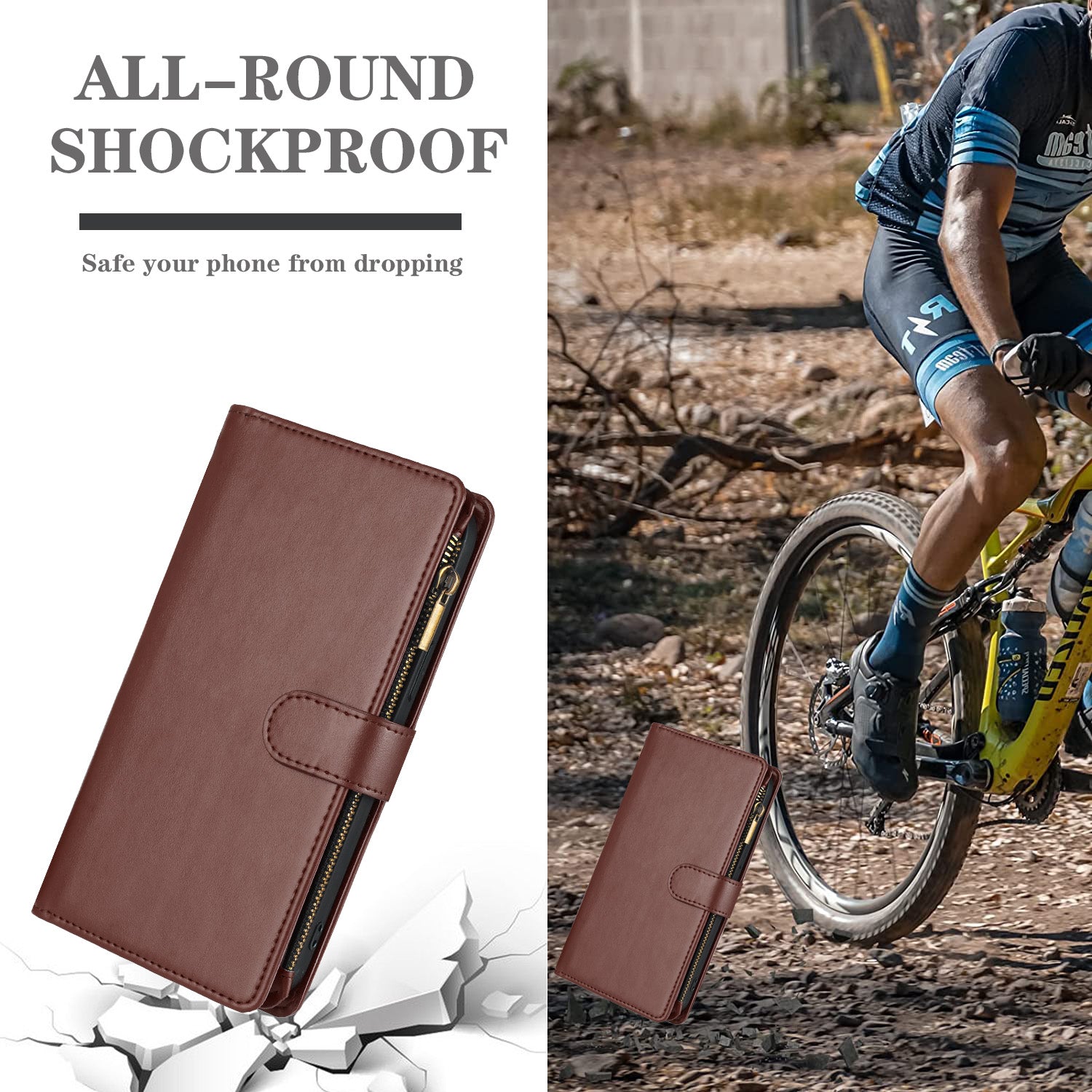 For Samsung Galaxy A57 5G Leather Case Zipper Wallet Stand Shockproof Phone Cover with Wrist Strap - Brown