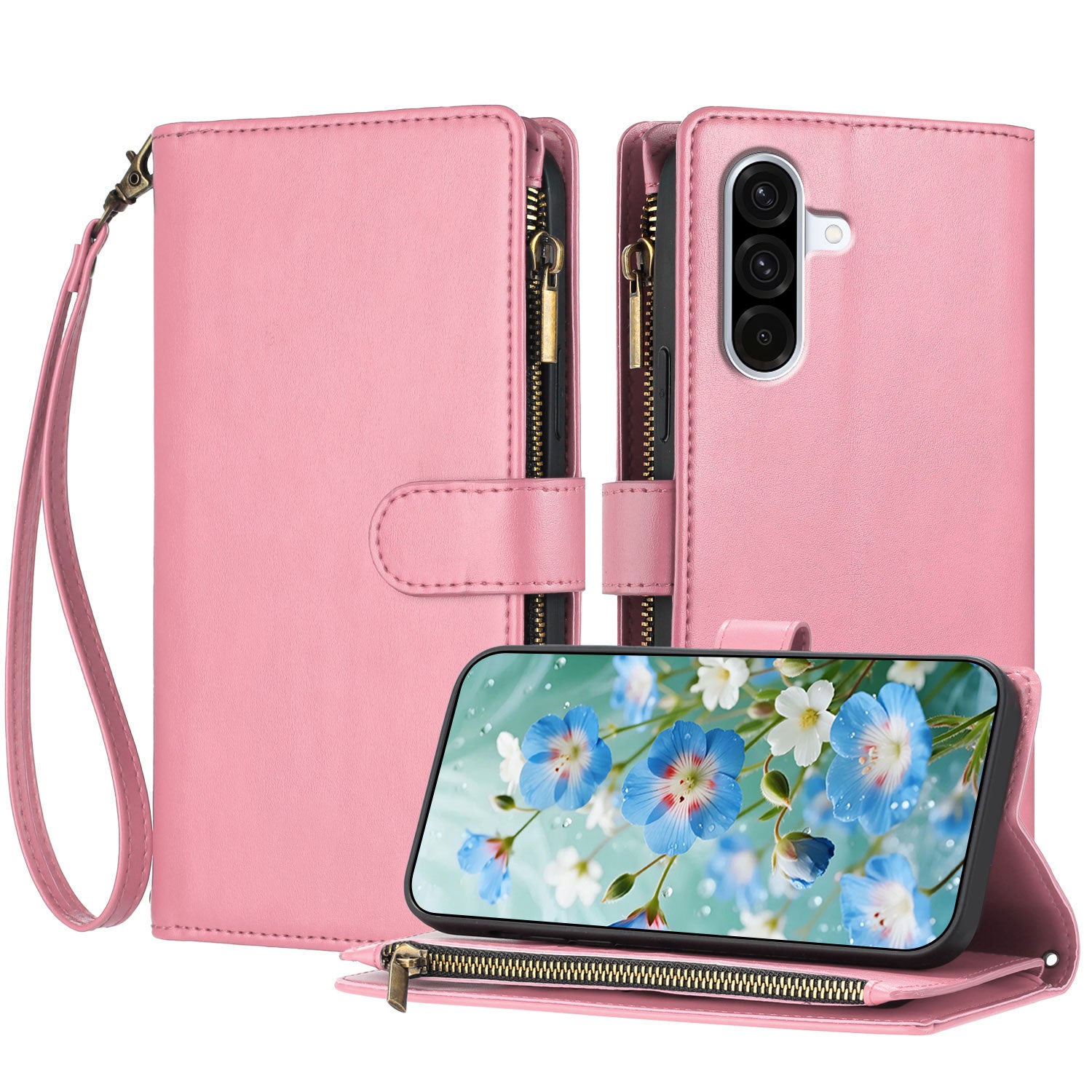For Samsung Galaxy A57 5G Leather Case Zipper Wallet Stand Shockproof Phone Cover with Wrist Strap - Pink