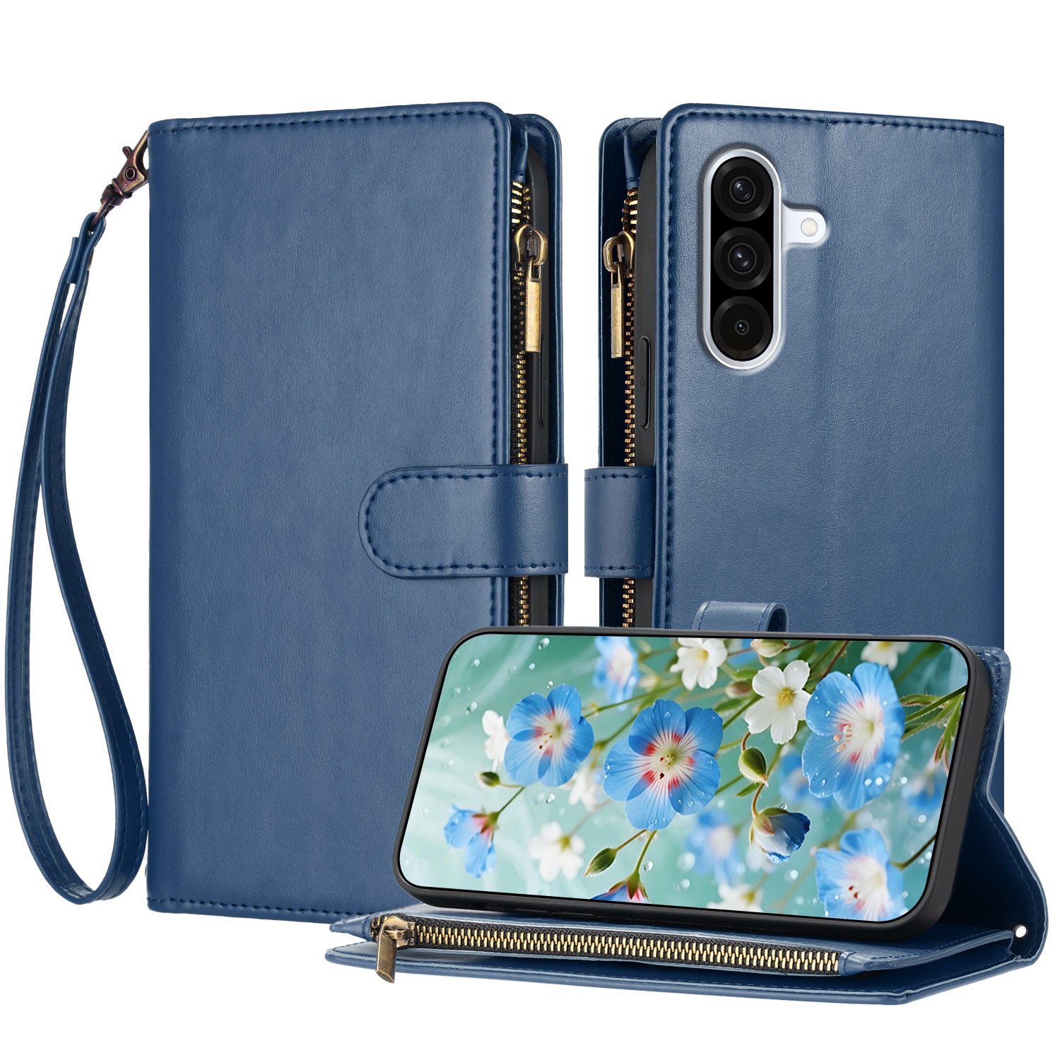 For Samsung Galaxy A57 5G Leather Case Zipper Wallet Stand Shockproof Phone Cover with Wrist Strap - Blue