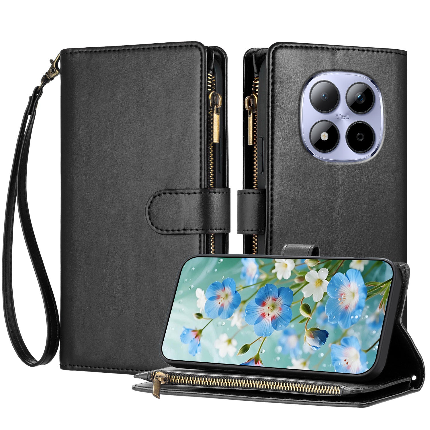 For Xiaomi Redmi Note 15 Pro 4G (Global) Leather Case Zipper Wallet Stand Shockproof Phone Cover with Wrist Strap - Black