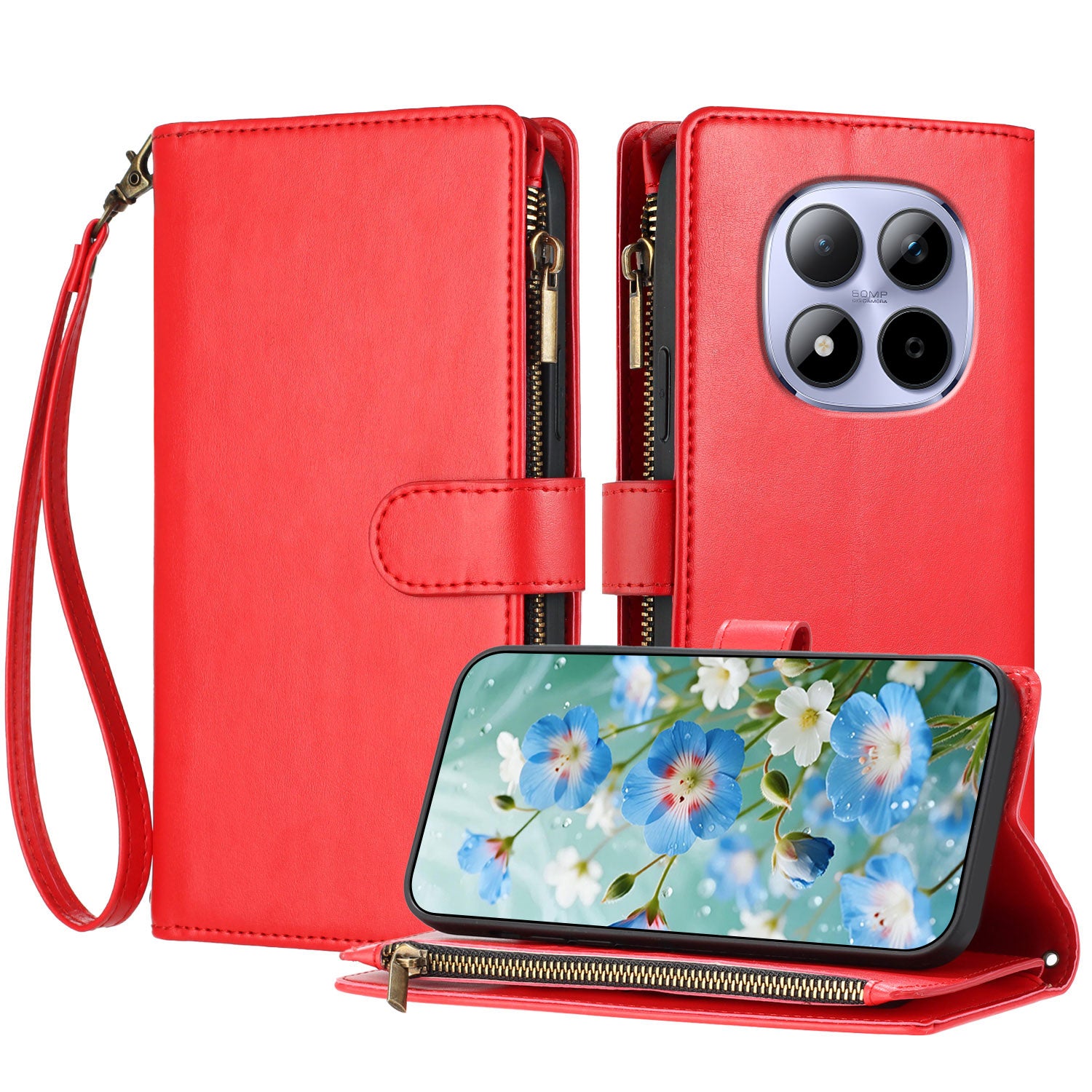 For Xiaomi Redmi Note 15 Pro 4G (Global) Leather Case Zipper Wallet Stand Shockproof Phone Cover with Wrist Strap - Red