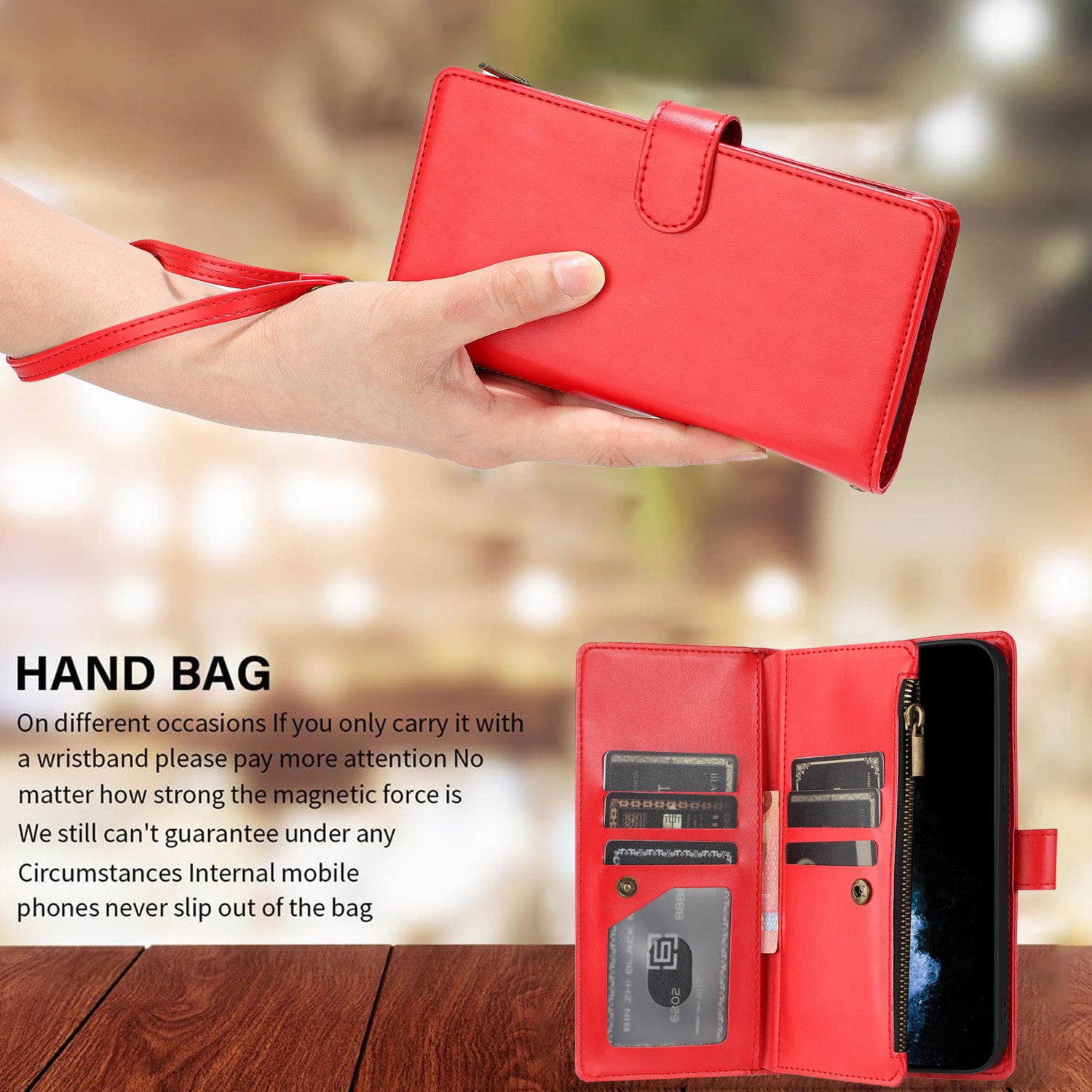 For Xiaomi Redmi Note 15 Pro 4G (Global) Leather Case Zipper Wallet Stand Shockproof Phone Cover with Wrist Strap - Red