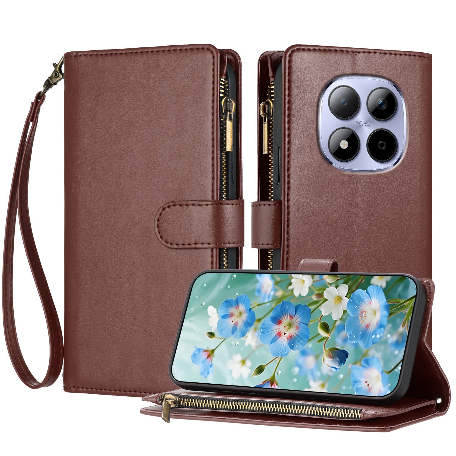 For Xiaomi Redmi Note 15 Pro 4G (Global) Leather Case Zipper Wallet Stand Shockproof Phone Cover with Wrist Strap - Brown