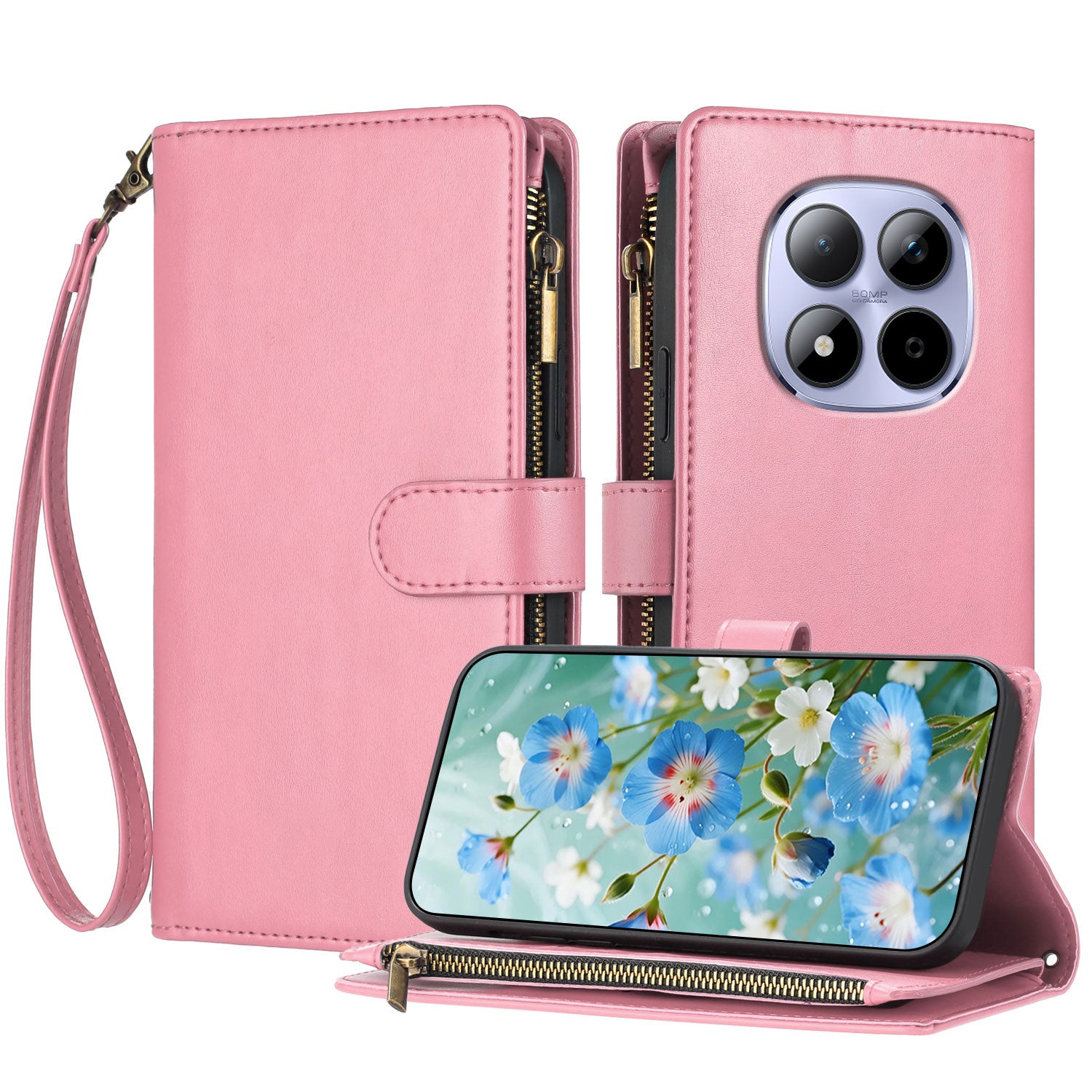 For Xiaomi Redmi Note 15 Pro 4G (Global) Leather Case Zipper Wallet Stand Shockproof Phone Cover with Wrist Strap - Pink