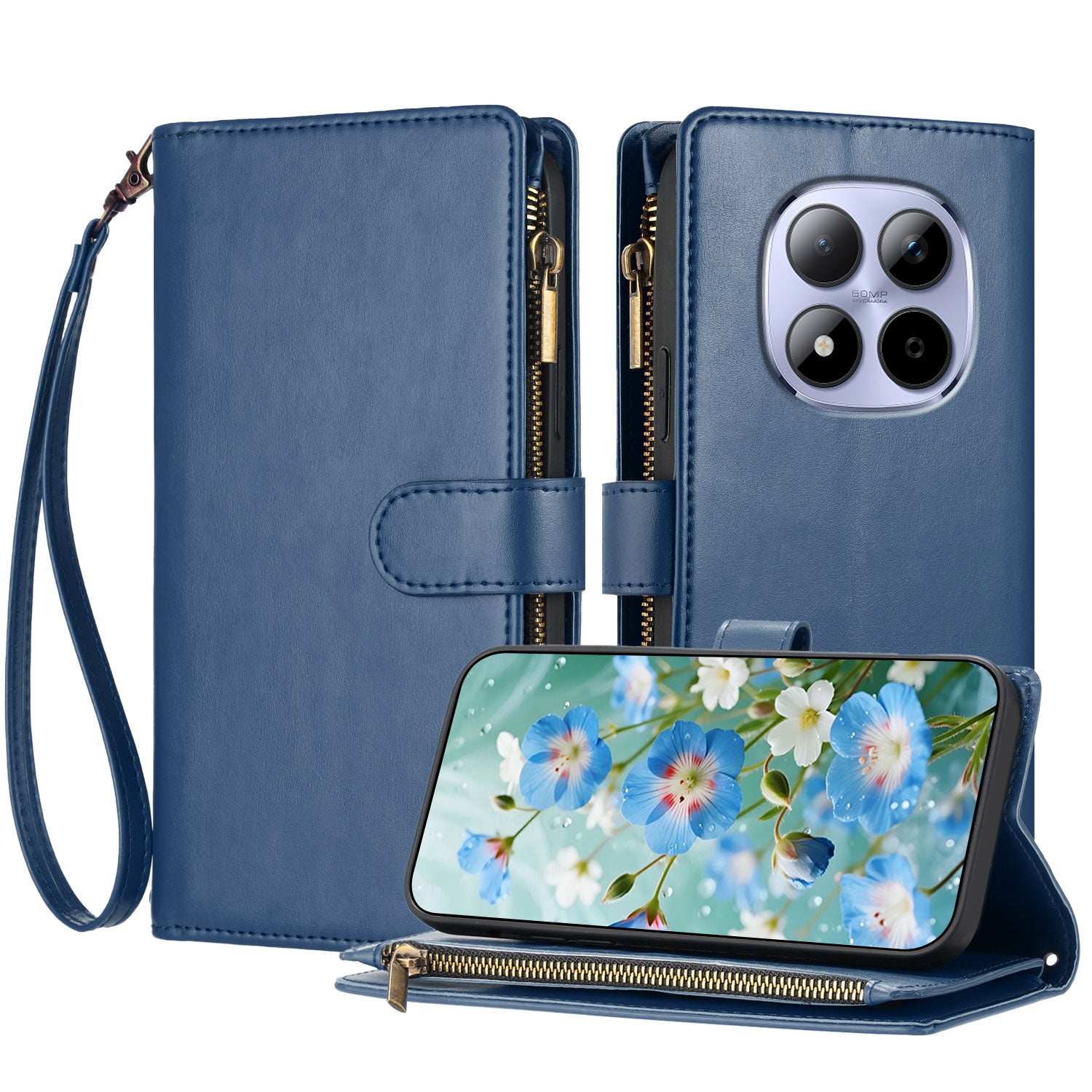 For Xiaomi Redmi Note 15 Pro 4G (Global) Leather Case Zipper Wallet Stand Shockproof Phone Cover with Wrist Strap - Blue