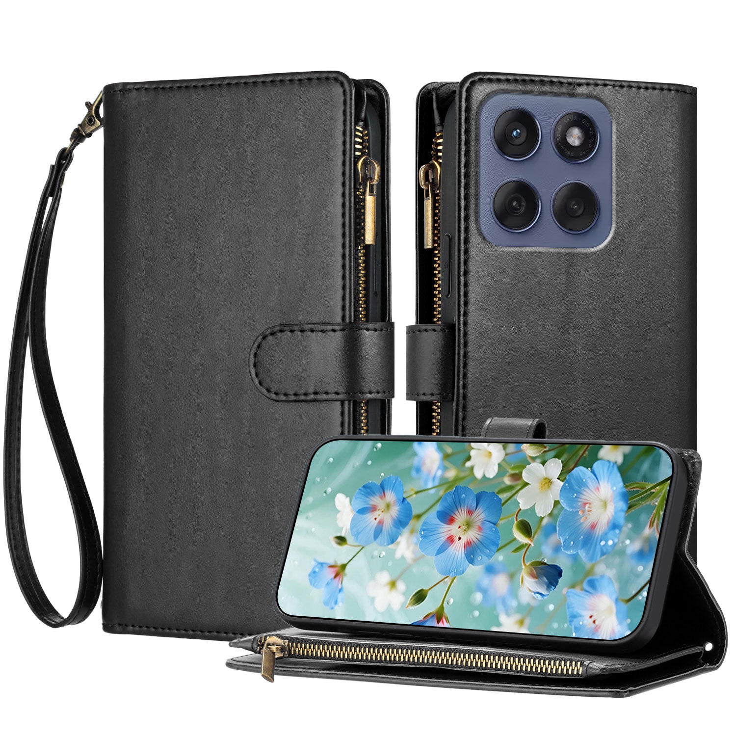 For Motorola Edge 70 5G Leather Case Zipper Wallet Stand Shockproof Phone Cover with Wrist Strap - Black