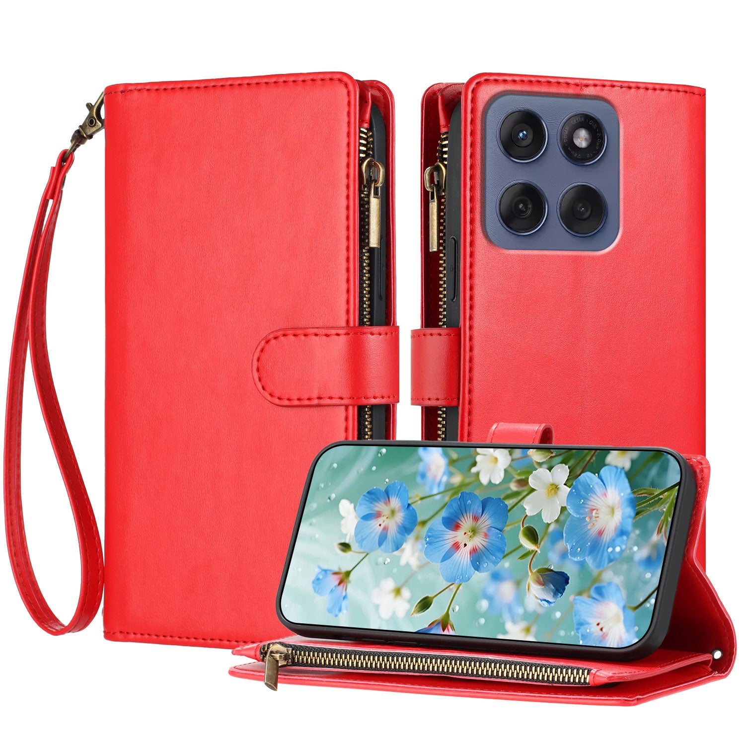For Motorola Edge 70 5G Leather Case Zipper Wallet Stand Shockproof Phone Cover with Wrist Strap - Red