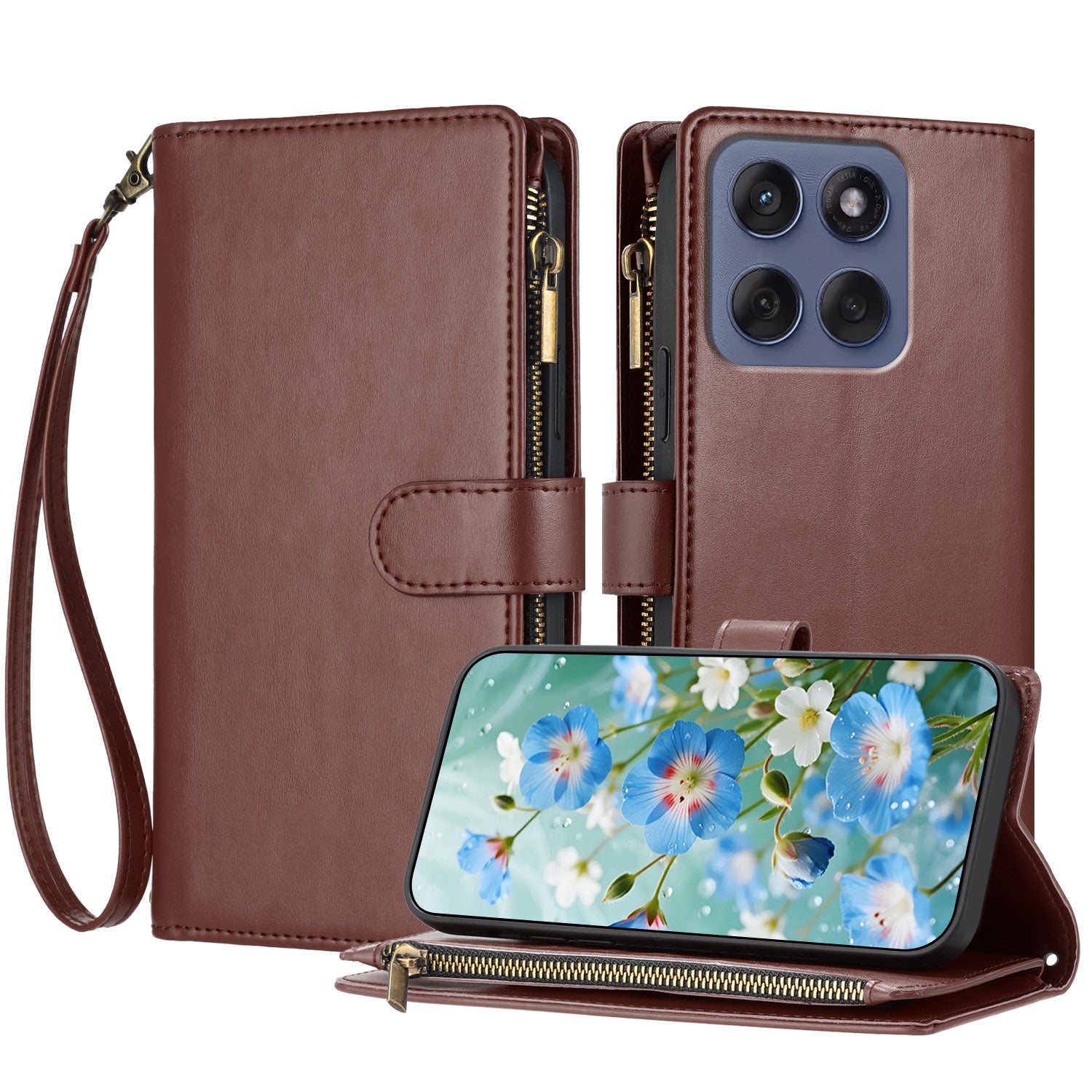 For Motorola Edge 70 5G Leather Case Zipper Wallet Stand Shockproof Phone Cover with Wrist Strap - Brown