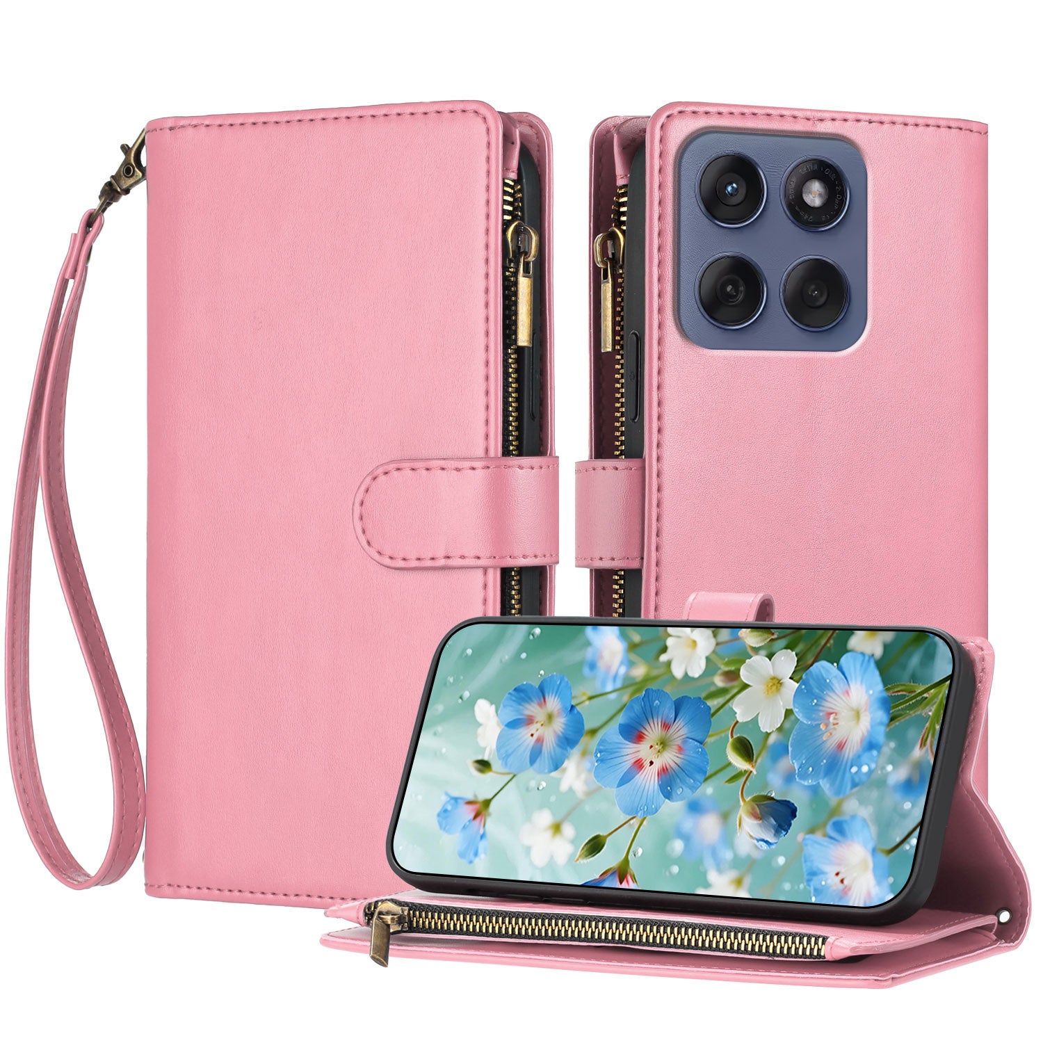 For Motorola Edge 70 5G Leather Case Zipper Wallet Stand Shockproof Phone Cover with Wrist Strap - Pink