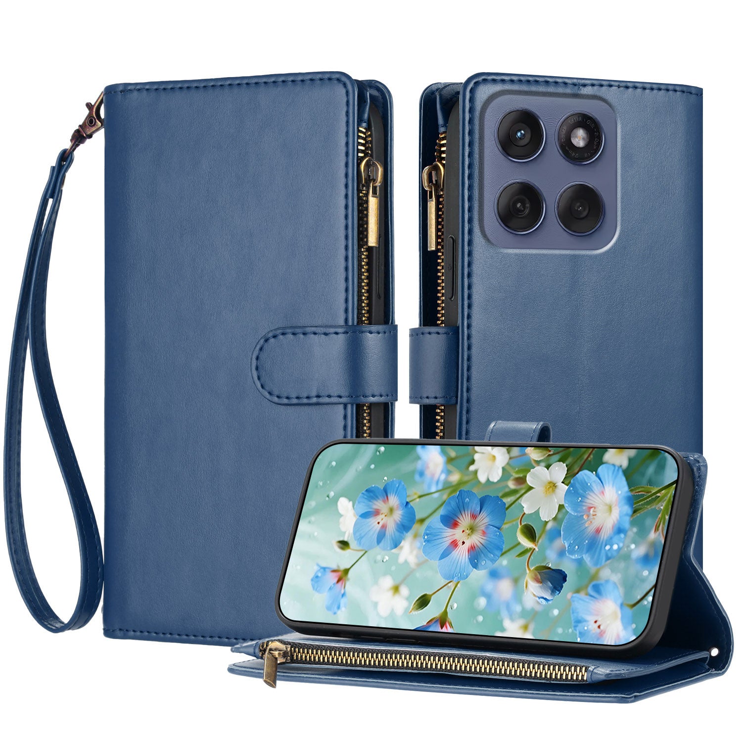 For Motorola Edge 70 5G Leather Case Zipper Wallet Stand Shockproof Phone Cover with Wrist Strap - Blue