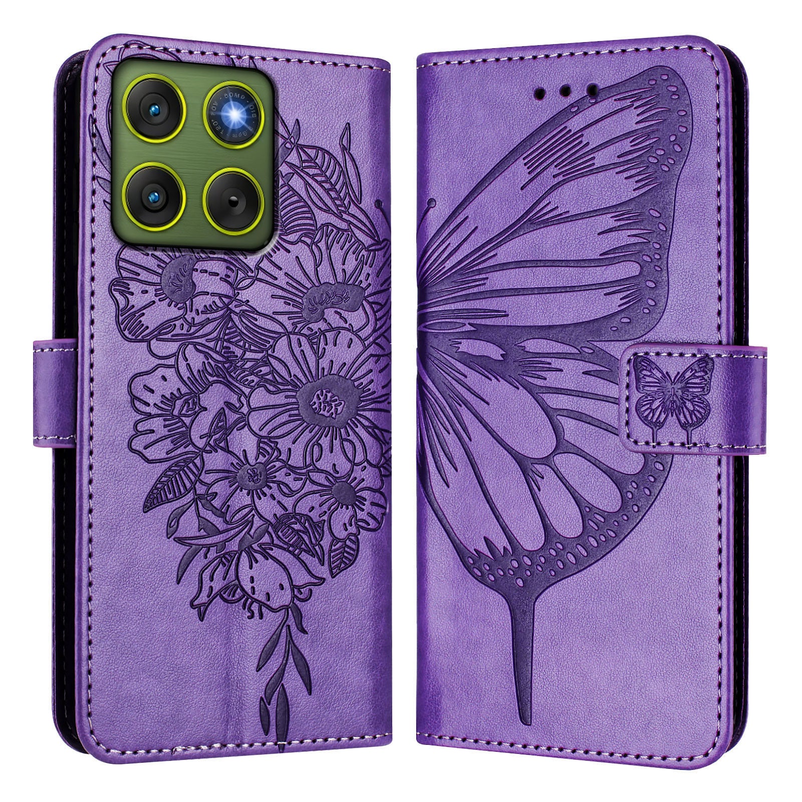 For Motorola Edge 70 5G Wallet Case with Wrist Strap Butterfly Imprint Leather Phone Cover - Purple