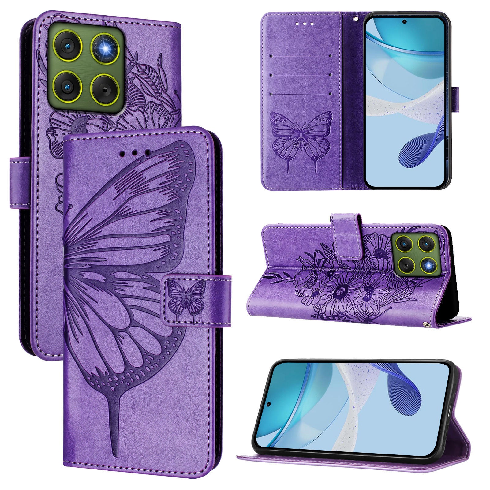 For Motorola Edge 70 5G Wallet Case with Wrist Strap Butterfly Imprint Leather Phone Cover - Purple