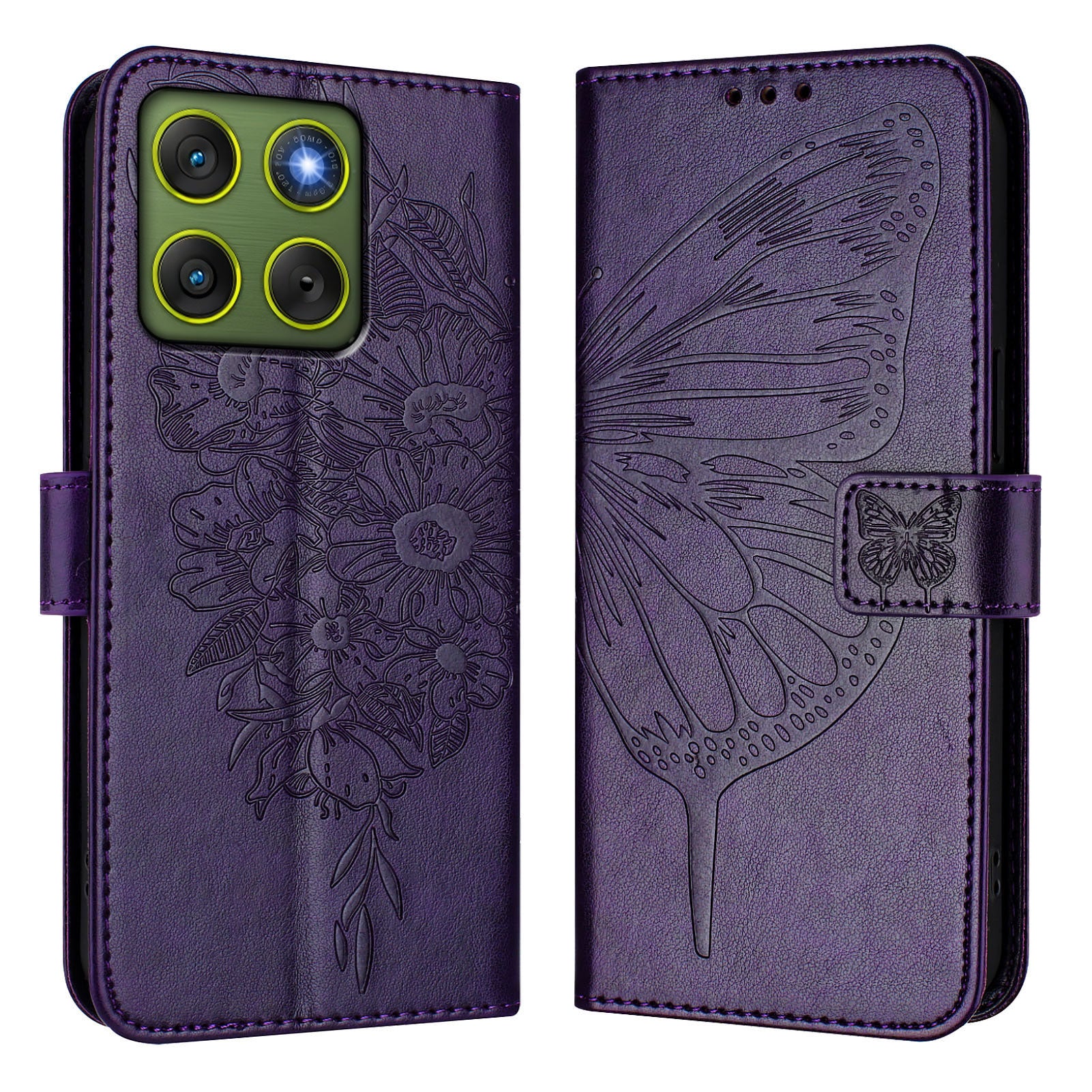 For Motorola Edge 70 5G Wallet Case with Wrist Strap Butterfly Imprint Leather Phone Cover - Dark Purple