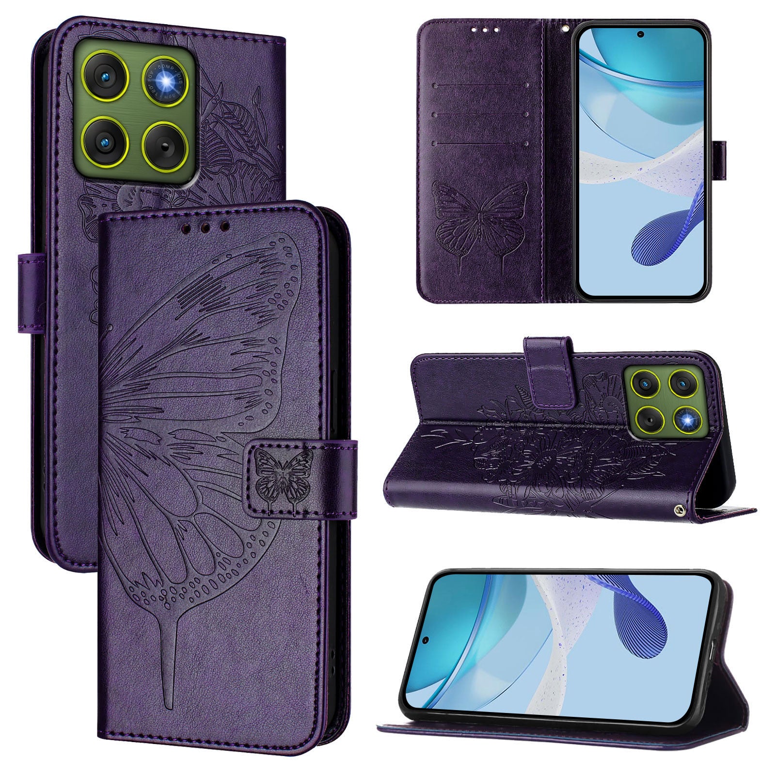 For Motorola Edge 70 5G Wallet Case with Wrist Strap Butterfly Imprint Leather Phone Cover - Dark Purple