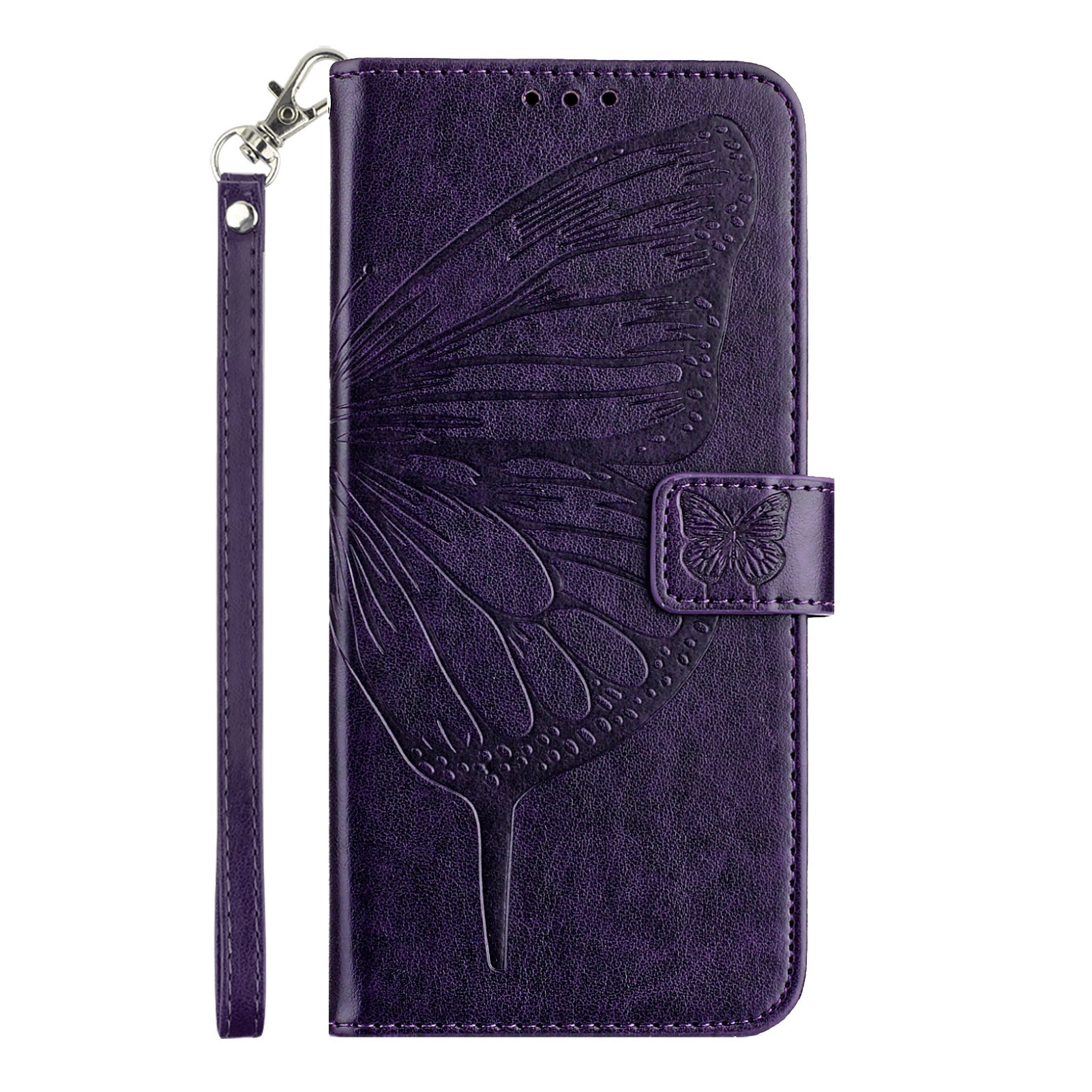 For Motorola Edge 70 5G Wallet Case with Wrist Strap Butterfly Imprint Leather Phone Cover - Dark Purple