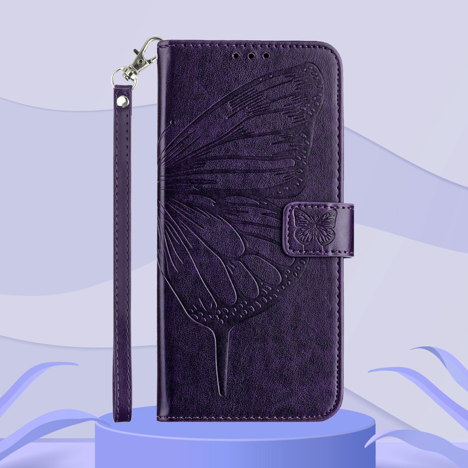 For Motorola Edge 70 5G Wallet Case with Wrist Strap Butterfly Imprint Leather Phone Cover - Dark Purple