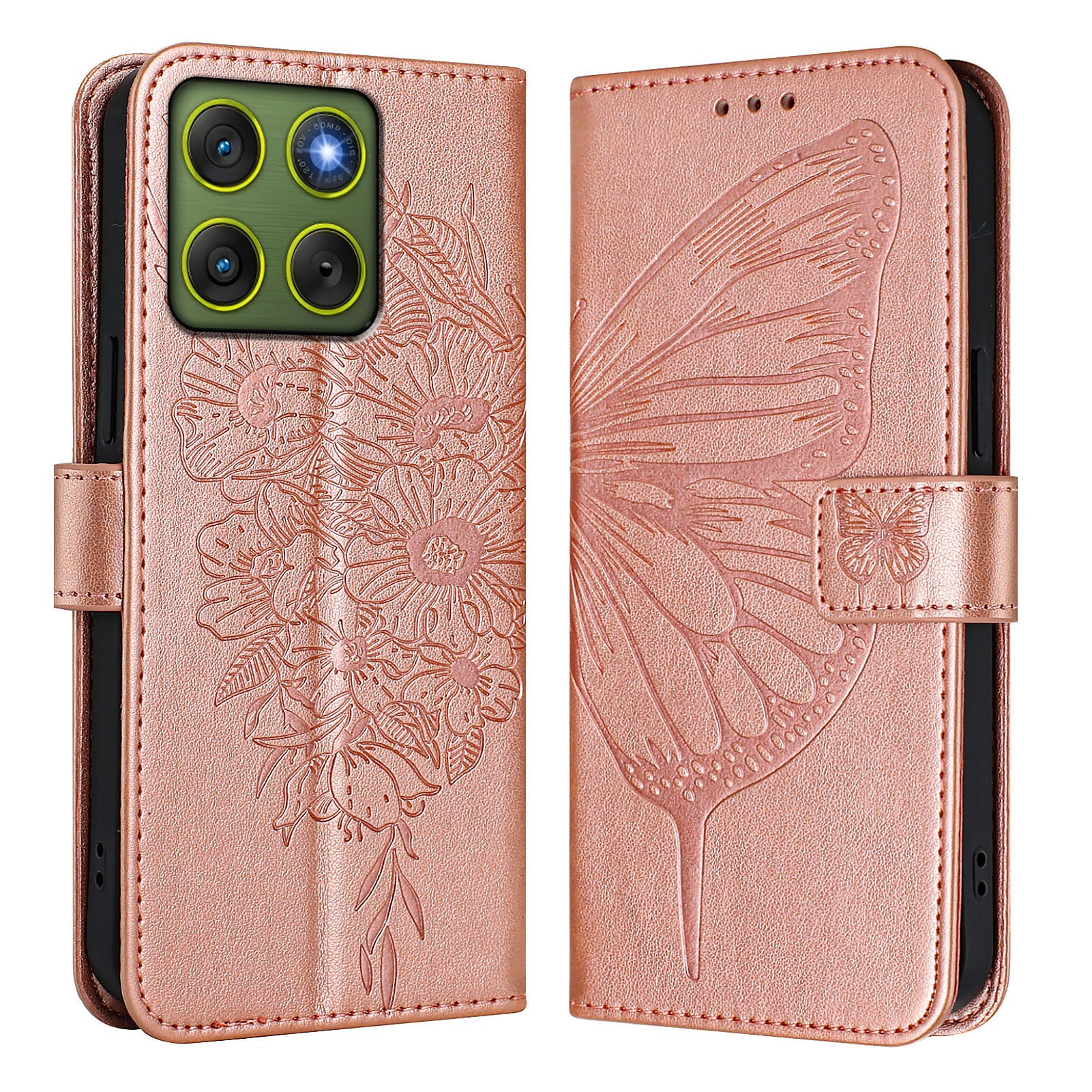 For Motorola Edge 70 5G Wallet Case with Wrist Strap Butterfly Imprint Leather Phone Cover - Rose Gold