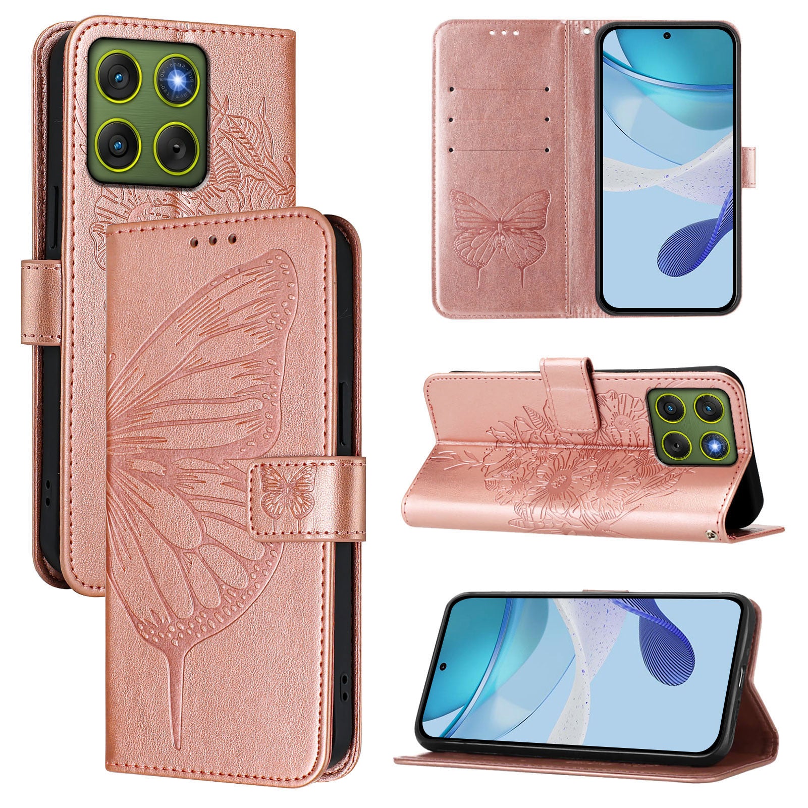 For Motorola Edge 70 5G Wallet Case with Wrist Strap Butterfly Imprint Leather Phone Cover - Rose Gold