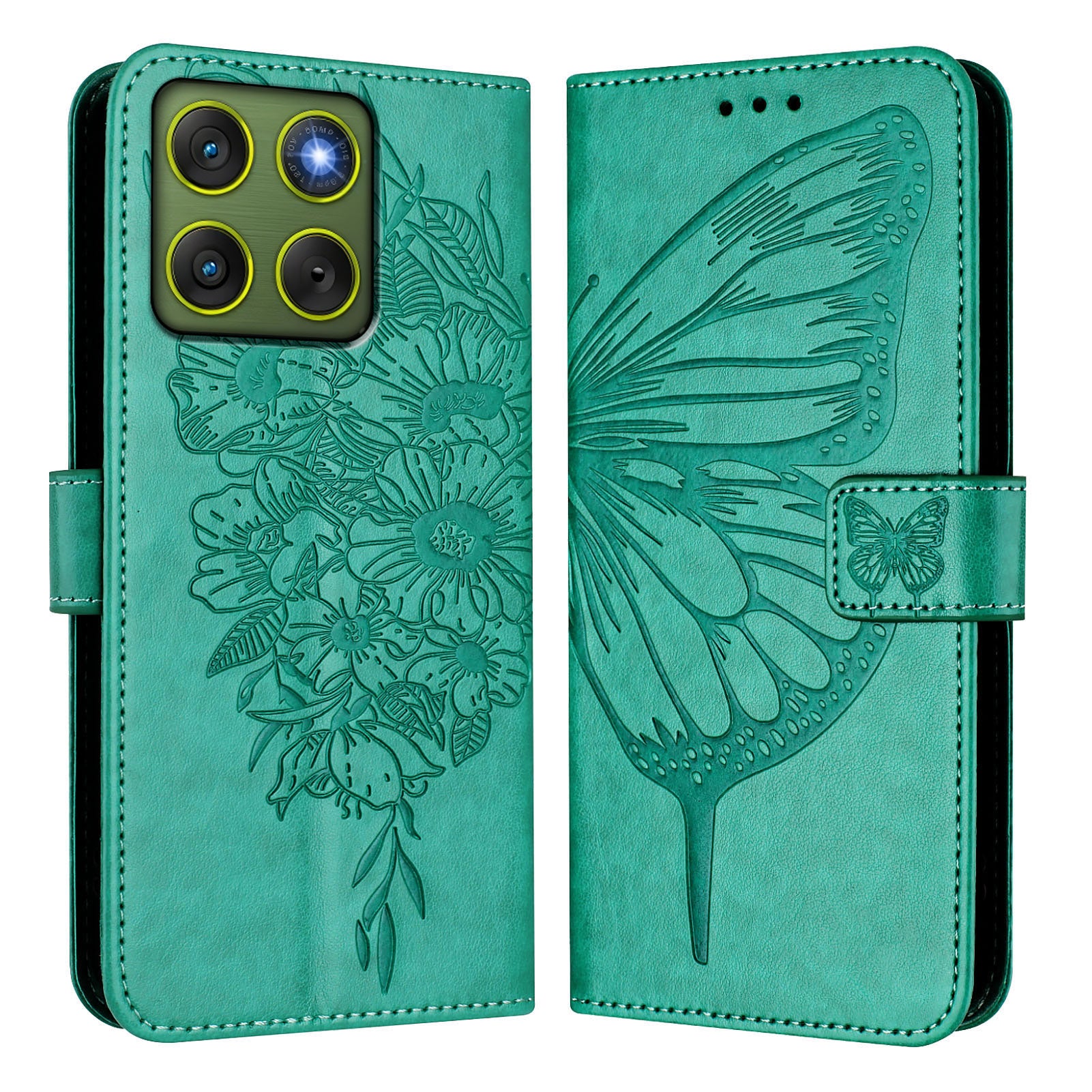 For Motorola Edge 70 5G Wallet Case with Wrist Strap Butterfly Imprint Leather Phone Cover - Green