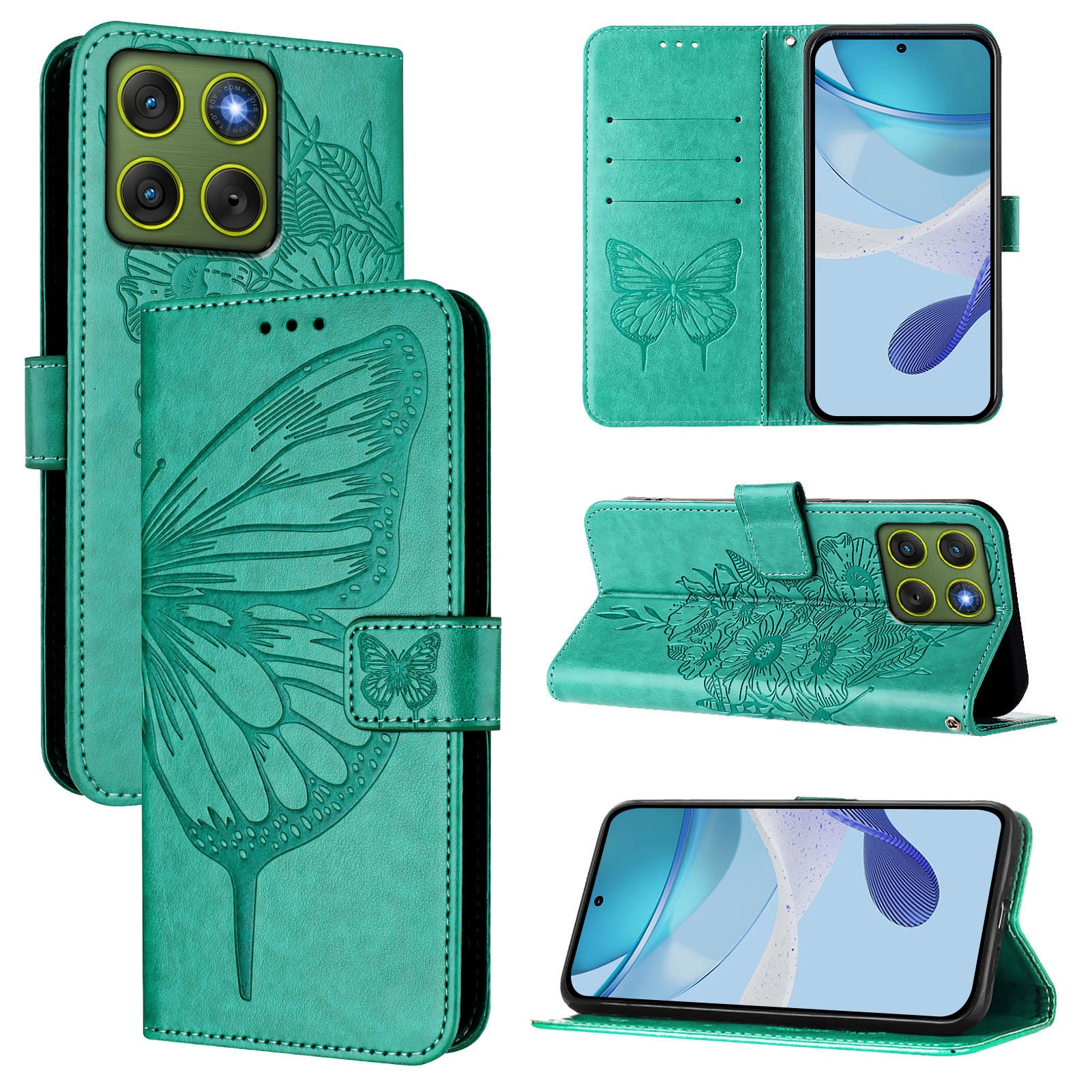 For Motorola Edge 70 5G Wallet Case with Wrist Strap Butterfly Imprint Leather Phone Cover - Green