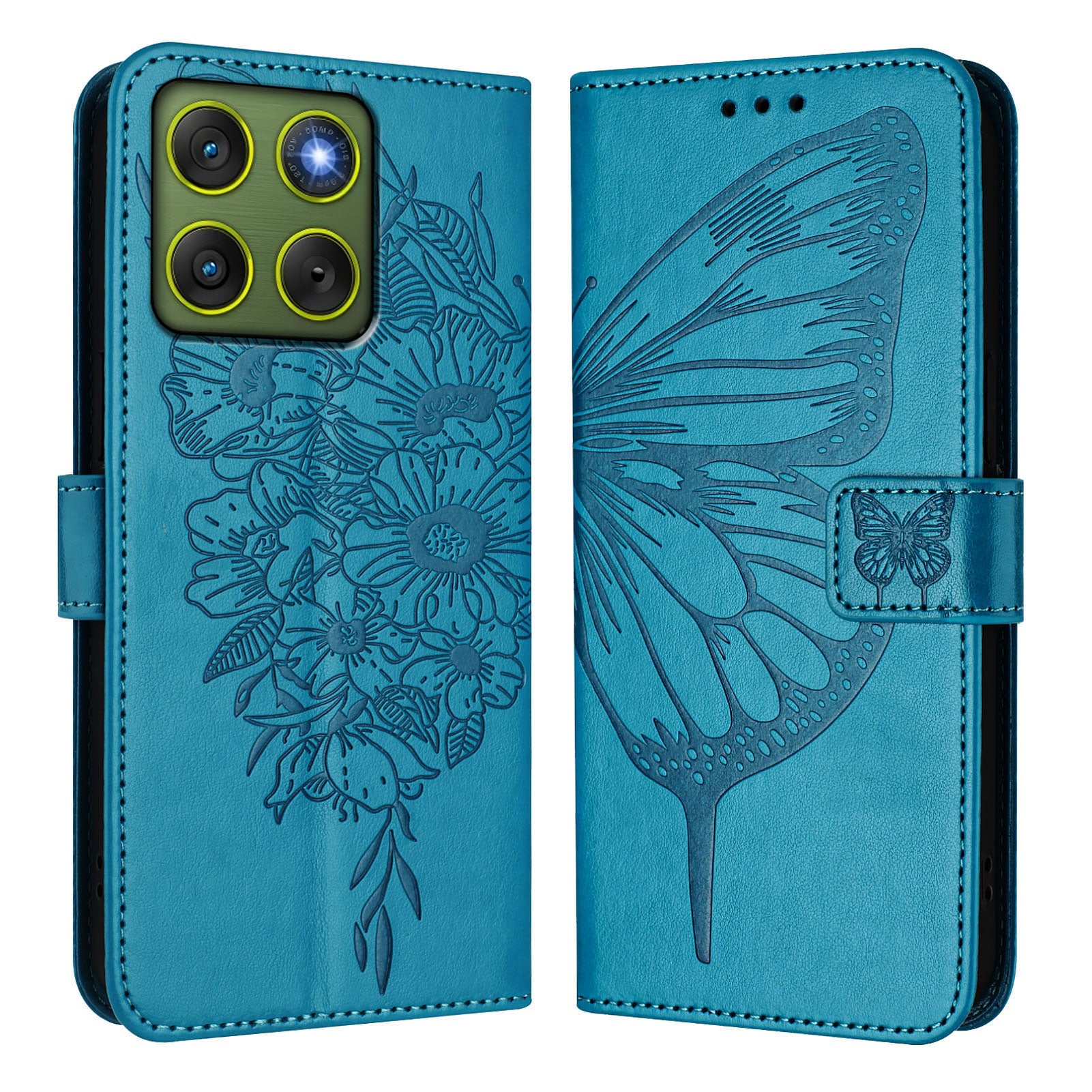 For Motorola Edge 70 5G Wallet Case with Wrist Strap Butterfly Imprint Leather Phone Cover - Blue