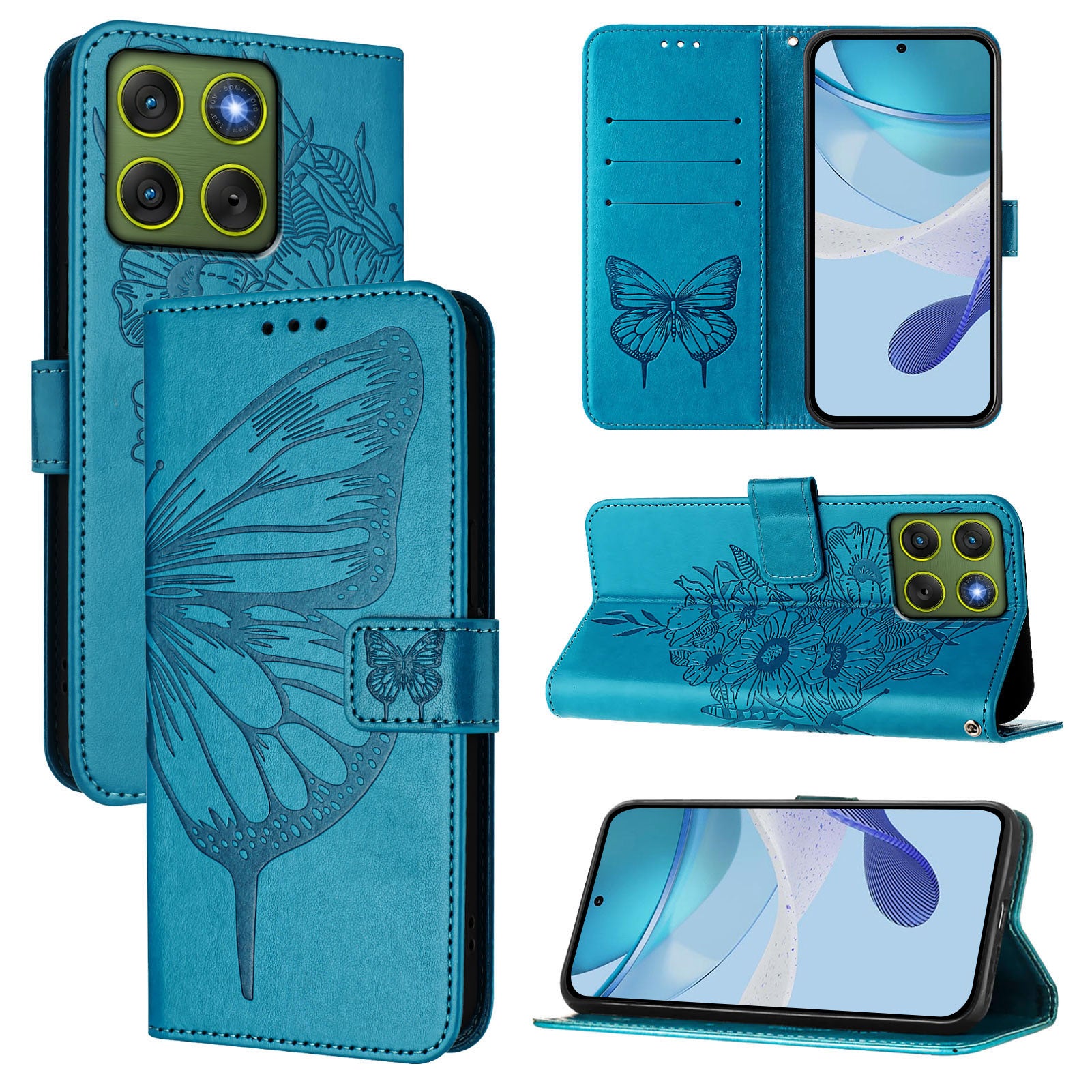 For Motorola Edge 70 5G Wallet Case with Wrist Strap Butterfly Imprint Leather Phone Cover - Blue