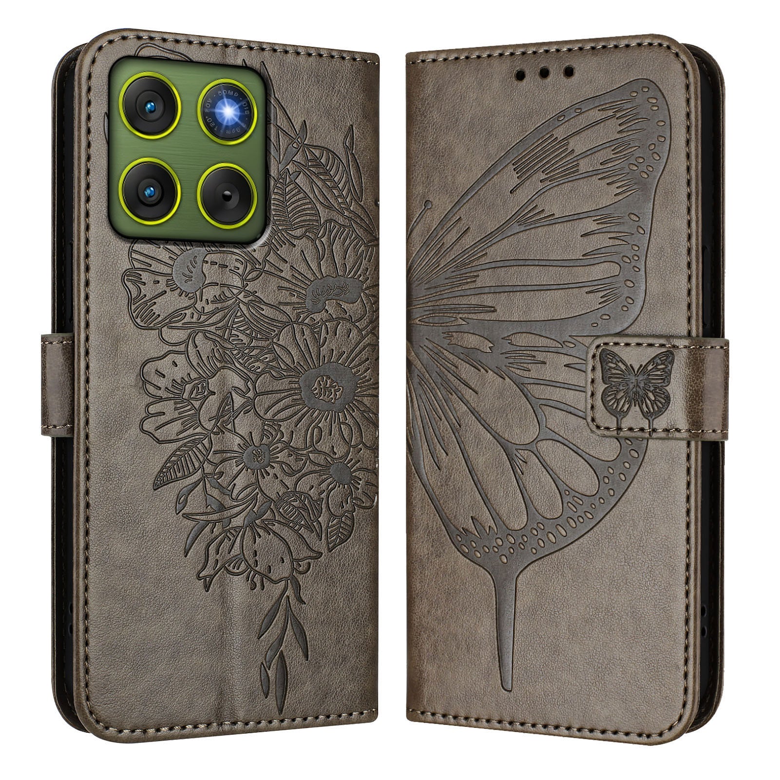 For Motorola Edge 70 5G Wallet Case with Wrist Strap Butterfly Imprint Leather Phone Cover - Grey