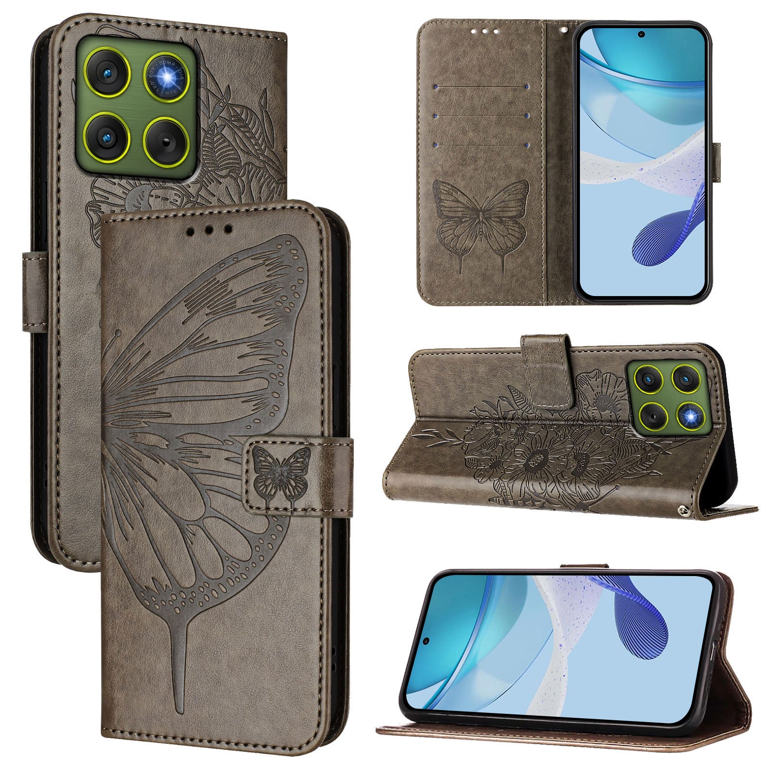For Motorola Edge 70 5G Wallet Case with Wrist Strap Butterfly Imprint Leather Phone Cover - Grey