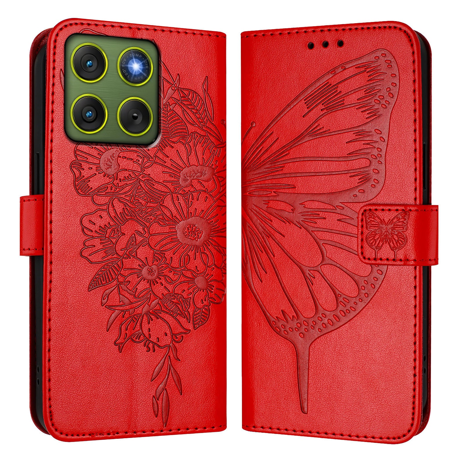 For Motorola Edge 70 5G Wallet Case with Wrist Strap Butterfly Imprint Leather Phone Cover - Red