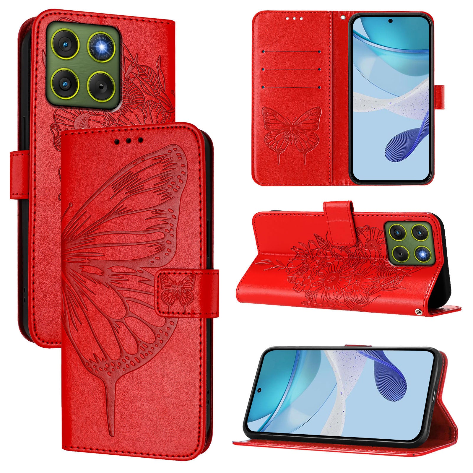 For Motorola Edge 70 5G Wallet Case with Wrist Strap Butterfly Imprint Leather Phone Cover - Red