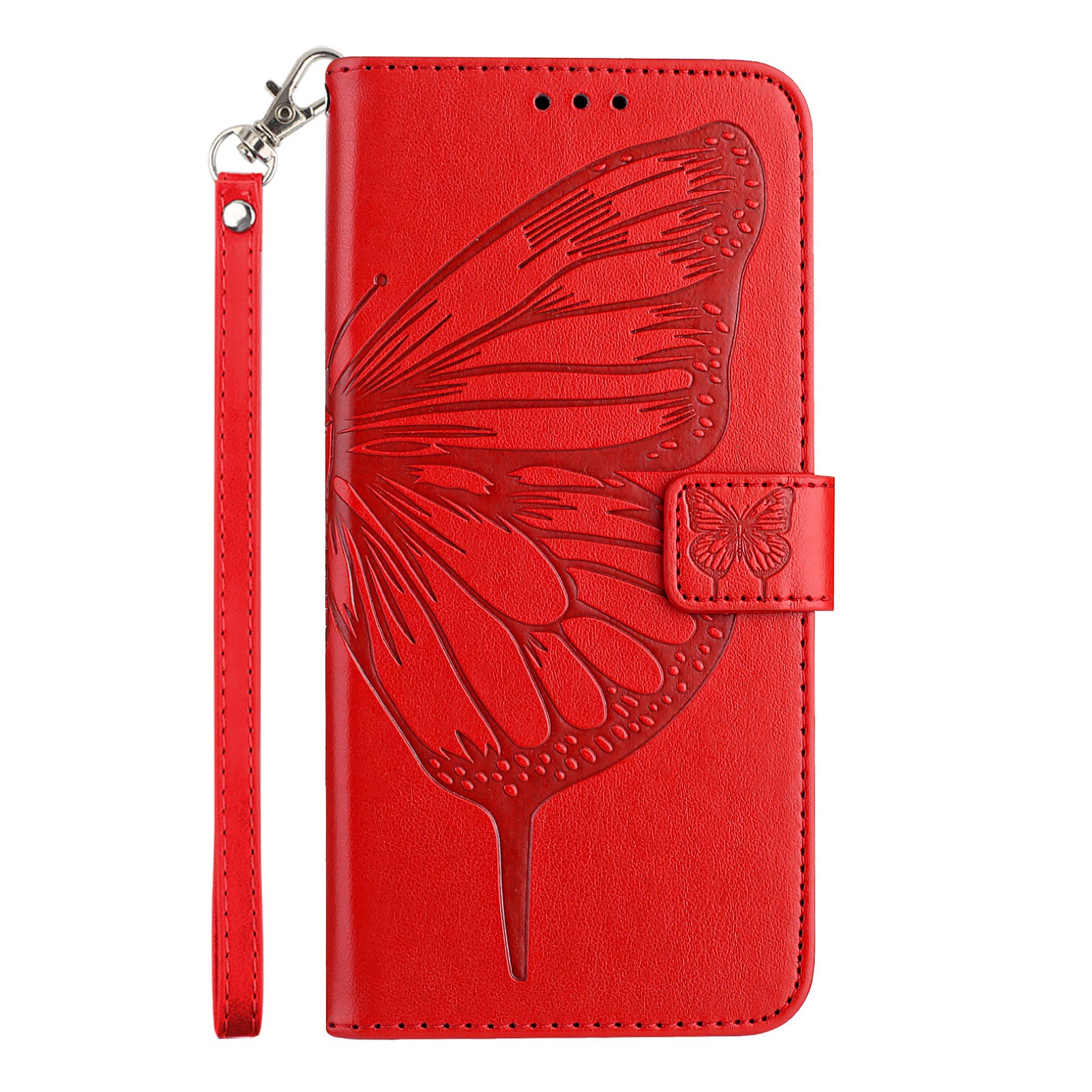 For Motorola Edge 70 5G Wallet Case with Wrist Strap Butterfly Imprint Leather Phone Cover - Red