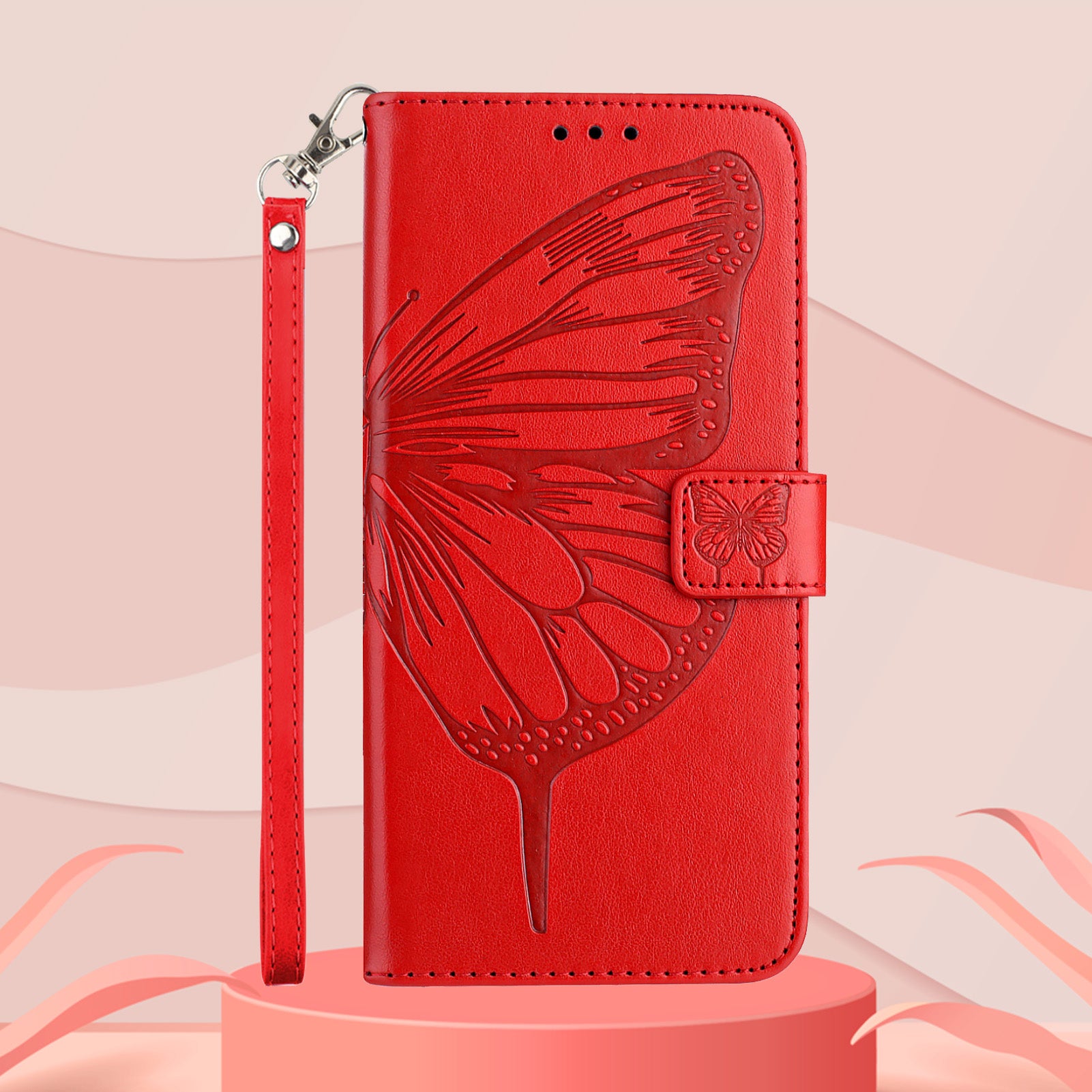 For Motorola Edge 70 5G Wallet Case with Wrist Strap Butterfly Imprint Leather Phone Cover - Red