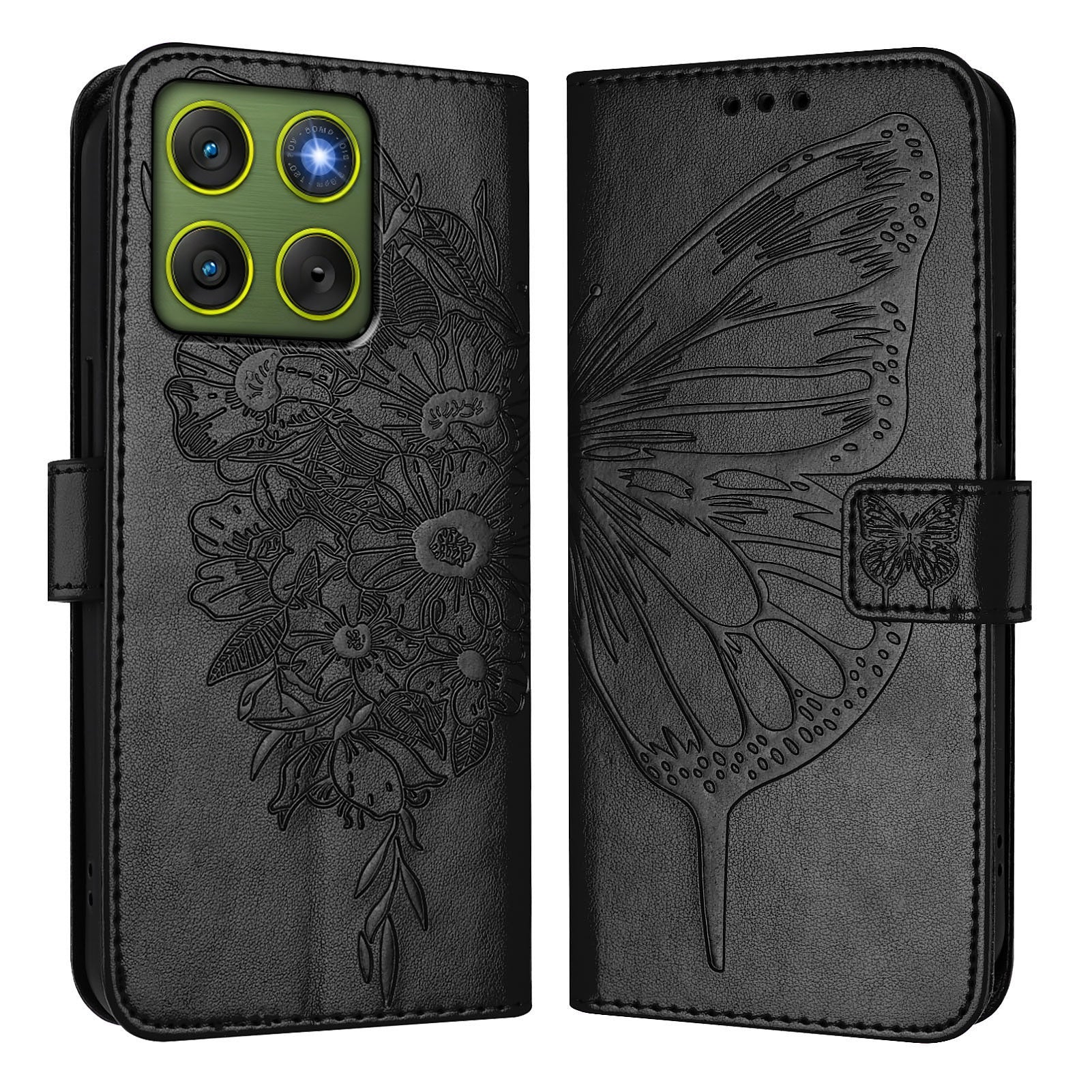 For Motorola Edge 70 5G Wallet Case with Wrist Strap Butterfly Imprint Leather Phone Cover - Black