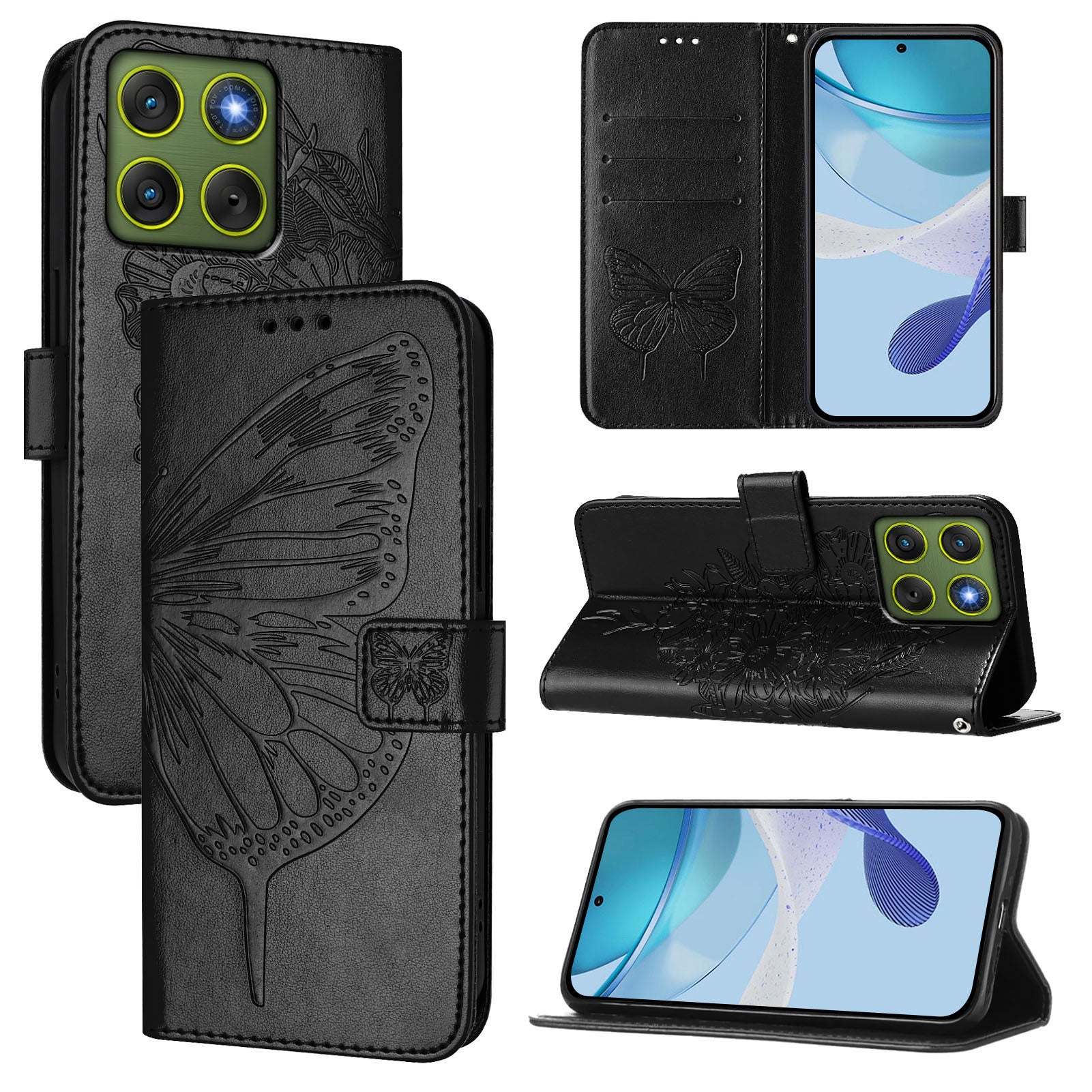 For Motorola Edge 70 5G Wallet Case with Wrist Strap Butterfly Imprint Leather Phone Cover - Black