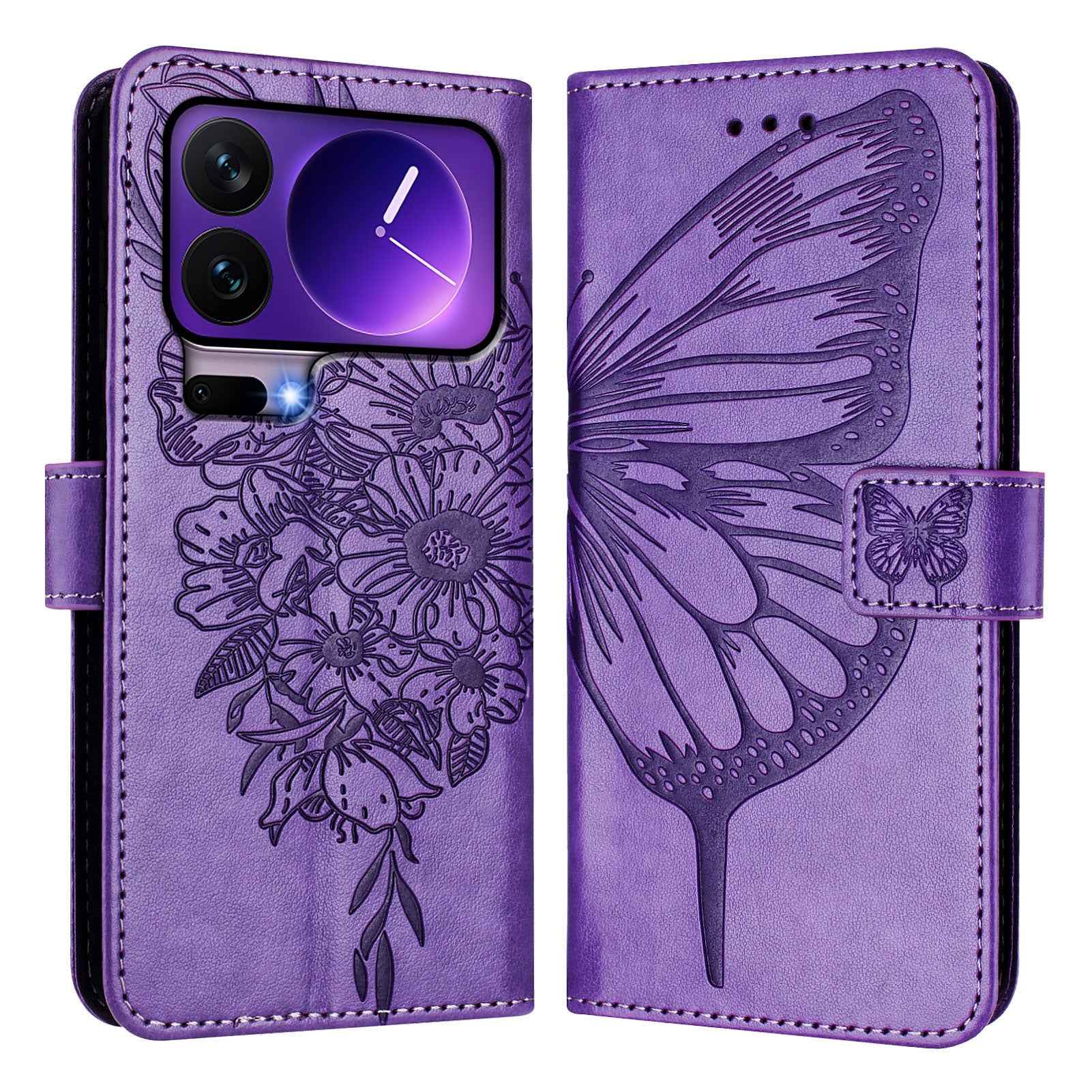 For Xiaomi 17 Pro Wallet Case with Wrist Strap Butterfly Imprint Leather Phone Cover - Purple